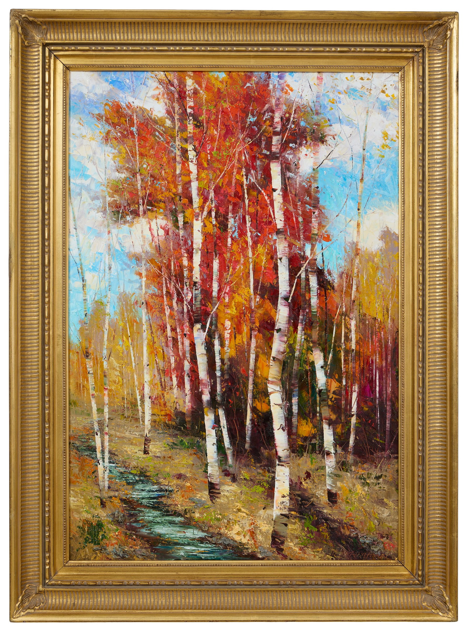 Dean Bradshaw (American/California, b. 1953), "Exulted Trees," H.- 38 in., W.- 26 in., Framed- H.-: Dean Bradshaw (American/California, b. 1953), "Exulted Trees," oil on canvas, signed lower right, titled en verso, presented in a giltwood frame, H.- 38 in., W.- 26 in., Framed- H.- 45 in., W.- 33 in.