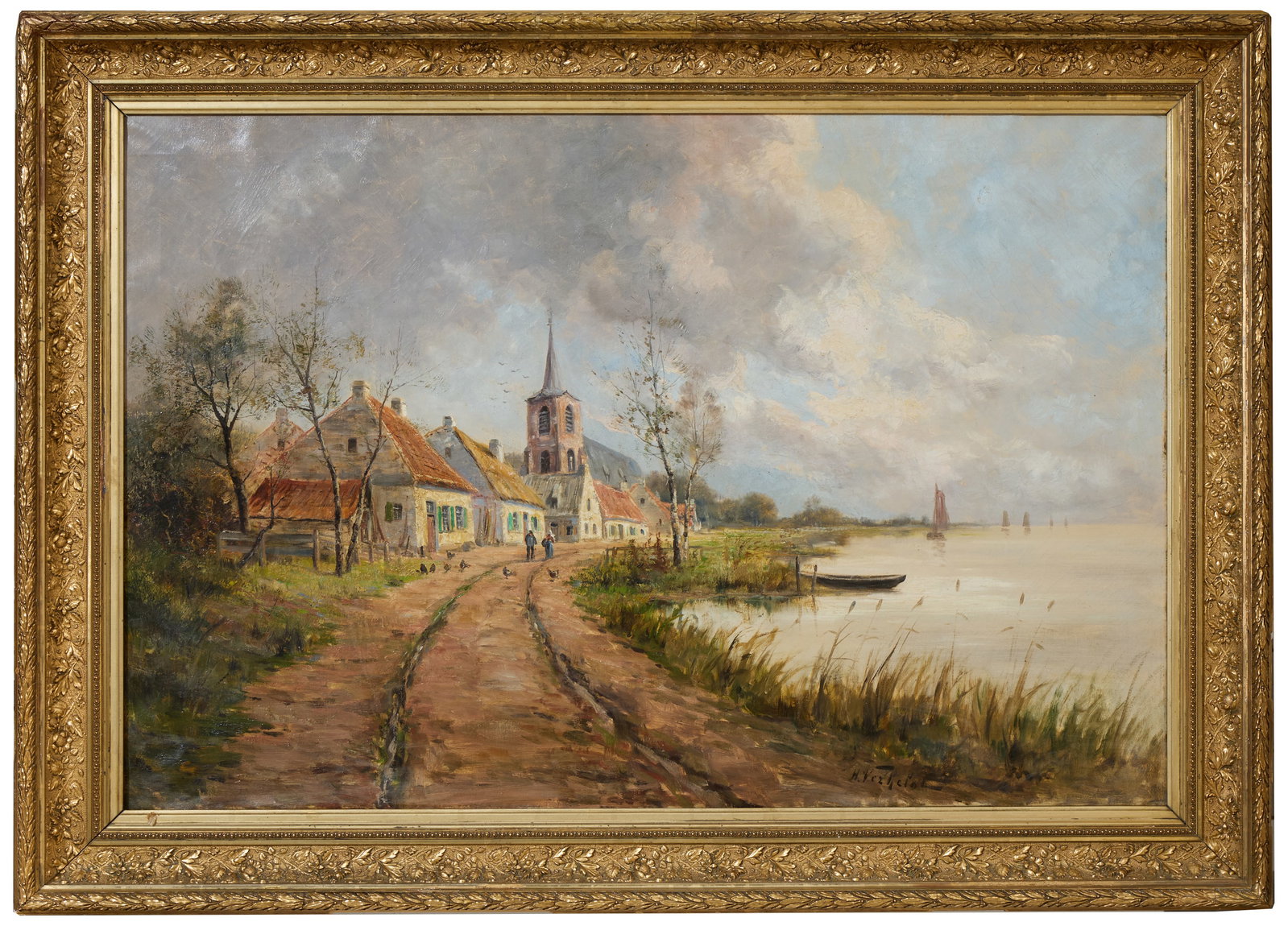 H. Verhelst (Dutch, 19th/20th Century), "Village by the Water," H.- 32 in., W.- 47 1/2 in., Framed-: H. Verhelst (Dutch, 19th/20th Century), "Village by the Water," oil on canvas, signed lower right, presented in a giltwood frame, H.- 32 in., W.- 47 1/2 in., Framed- H.- 40 in., W.- 56 in.