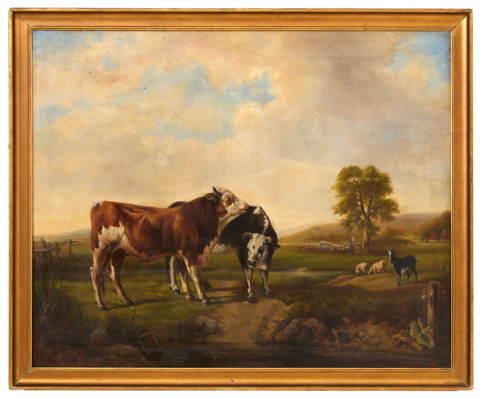 French/Belgian School (19th Century), "Cattle Grazing," H.- 32 in., W.- 39 1/2 in., Framed- H.- 35: French/Belgian School (19th Century), "Cattle Grazing," oil on linen, monogrammed lower right "JD", Parisian canvas supplier stencil en verso, presented in a giltwood frame, H.- 32 in., W.- 39 1/2 in.