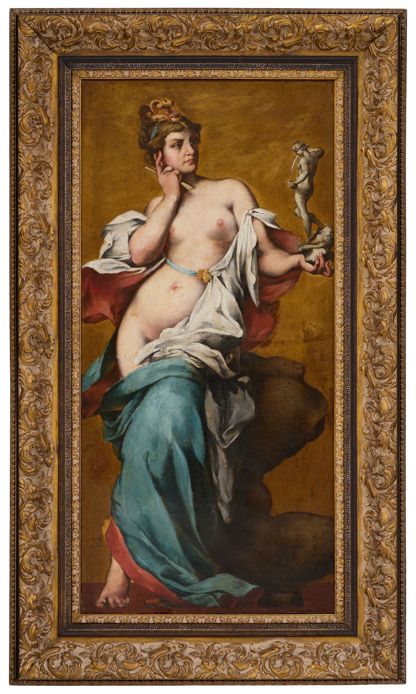 French School (Late 19th Century), "Allegory of the Arts: The Model Beholds Antiquity," H.- 42 1/4: French School (Late 19th Century), "Allegory of the Arts: The Model Beholds Antiquity," oil on canvas, unsigned, presented in a giltwood frame, H.- 42 1/4 in., W.- 20 1/8 in., Framed- H.- 53 in., W.- 