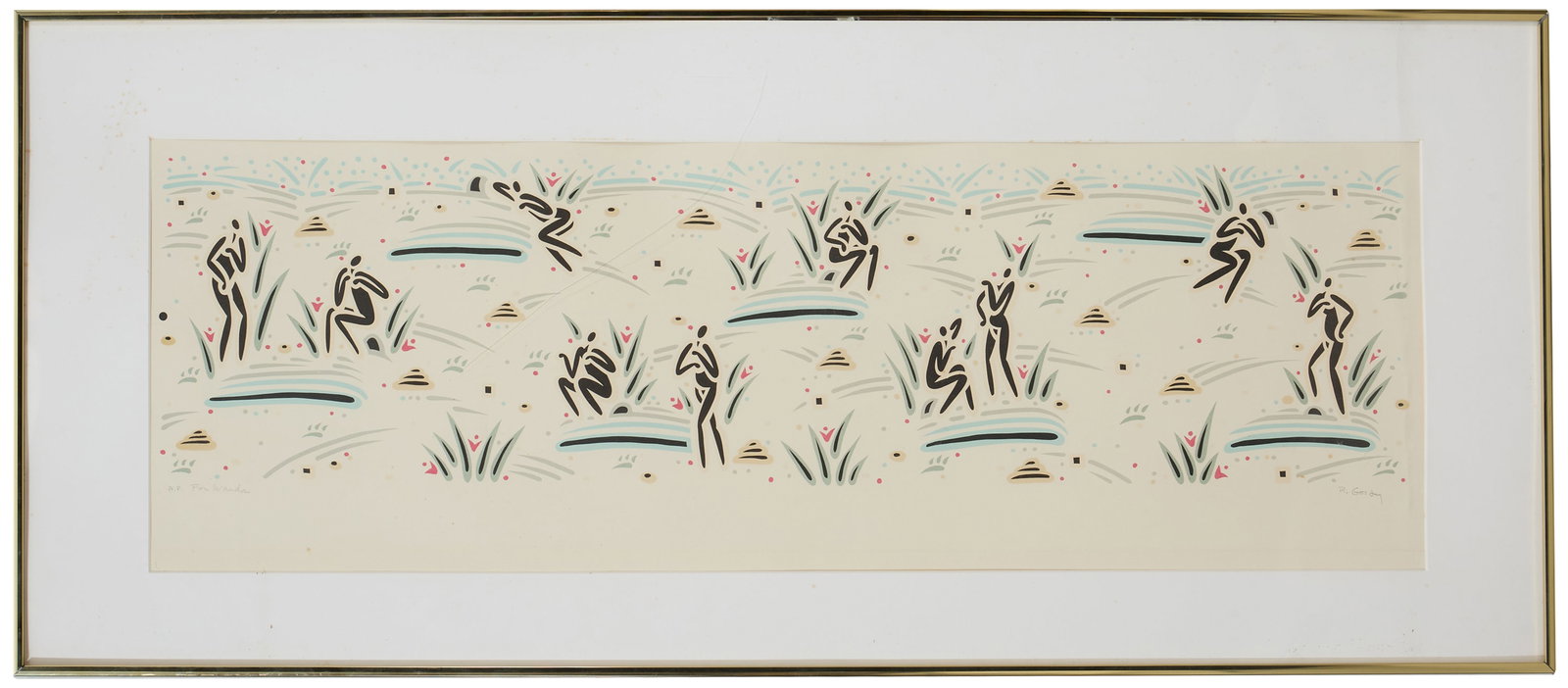 Robert Gordy (American/Louisiana, 1933-1986), "Figures in a Landscape," Sight- H.- 12 1/2 in., W.-: Robert Gordy (American/Louisiana, 1933-1986), "Figures in a Landscape," color serigraph on paper, signed lower right, numbered "AP" (Artist Proof), and inscribed "For Wanda" lower right, presented in 