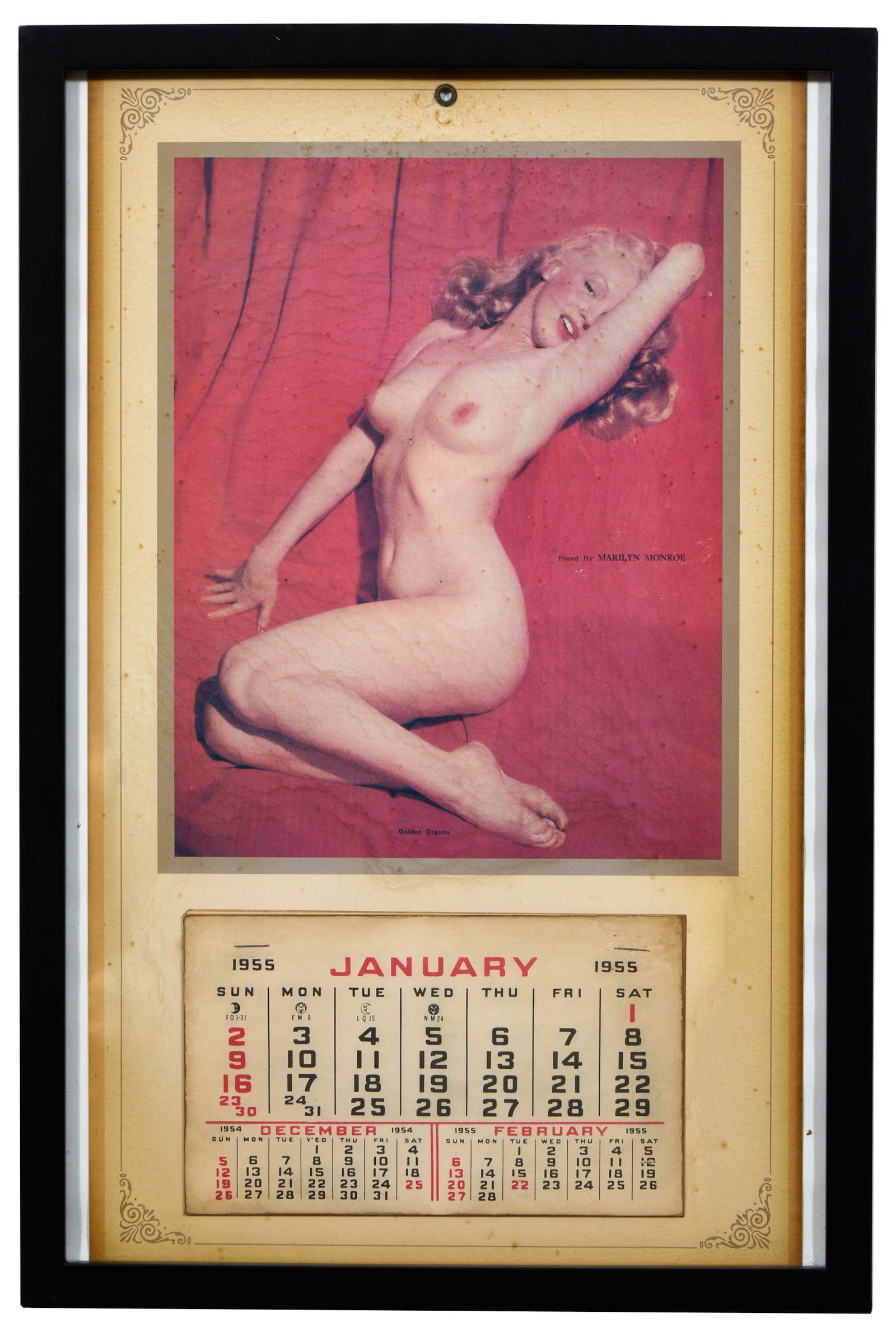 Marilyn Monroe "Golden Dreams" Nude Pinup Calendar, 1955, H.- 16 3/4 in., W.- 9 3/.4 in., Framed-: Marilyn Monroe "Golden Dreams" Nude Pinup Calendar, 1955, presented in a black frame, H.- 16 3/4 in., W.- 9 3/.4 in., Framed- H.- 18 in., W.- 12 in.