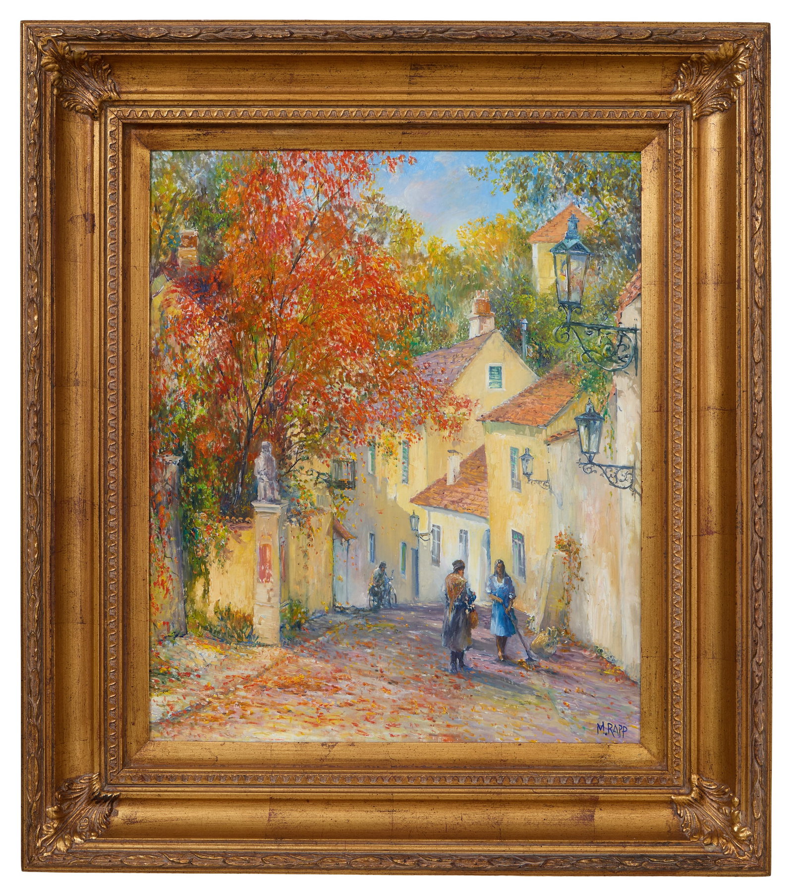 Manfred Rapp (German, b. 1956), "Fall in Prague," H.- 24 in., W. - 20 in., Framed- H.- 33 1/4 in.,: Manfred Rapp (German, b. 1956), "Fall in Prague," oil on wood panel, signed lower right, verso with title and certificate of authenticity by the artist, presented in a giltwood frame, H.- 24 in., W. -
