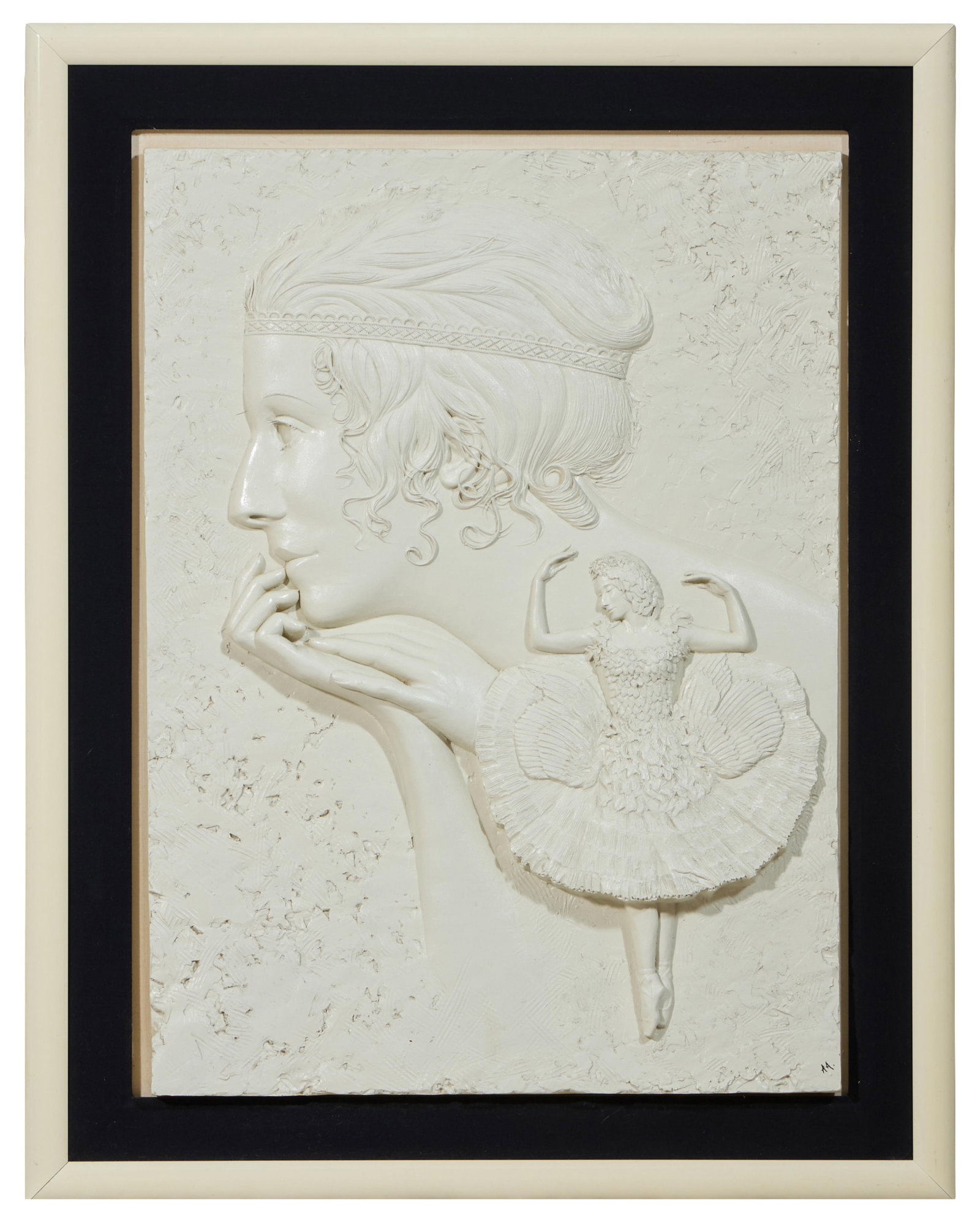 Bill Mack (American/Minnesota, b. 1949), "The Ballerina," H.- 41 1/2 in., W.- 30 1/2 in., Framed-: Bill Mack (American/Minnesota, b. 1949), "The Ballerina," cast composition bas-relief on panel, unsigned, inscribed in pen "A.A" lower right, presented in a black linen lined ivory plastic frame, H.- 