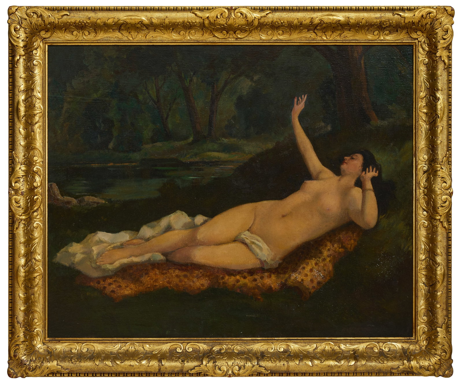 After Friedrich Kraus (German, 1826-1894), "Awakening Bacchante (1880)," H.- 26 in., W.- 32 in.,: After Friedrich Kraus (German, 1826-1894), "Awakening Bacchante (1880)," oil on masonite, unsigned, presented in a giltwood frame, H.- 26 in., W.- 32 in., Framed- H.- 32 in., w.- 38 in. Provenance: Th