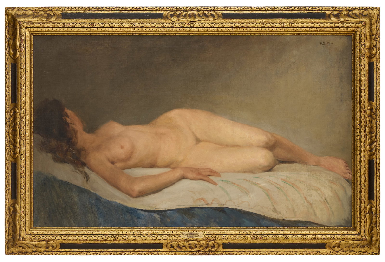 Rudolph Bottger (Austrian/German, 1871-1973), "Female Nude Resting," H.- 23 5/8 in., W.- 29 1/4 in.,: Rudolph Bottger (Austrian/German, 1871-1973), "Female Nude Resting," oil on canvas, signed upper right, "Haynes Art Gallery, Toronto" label on frame en verso, presented in an ebonized and giltwood fra