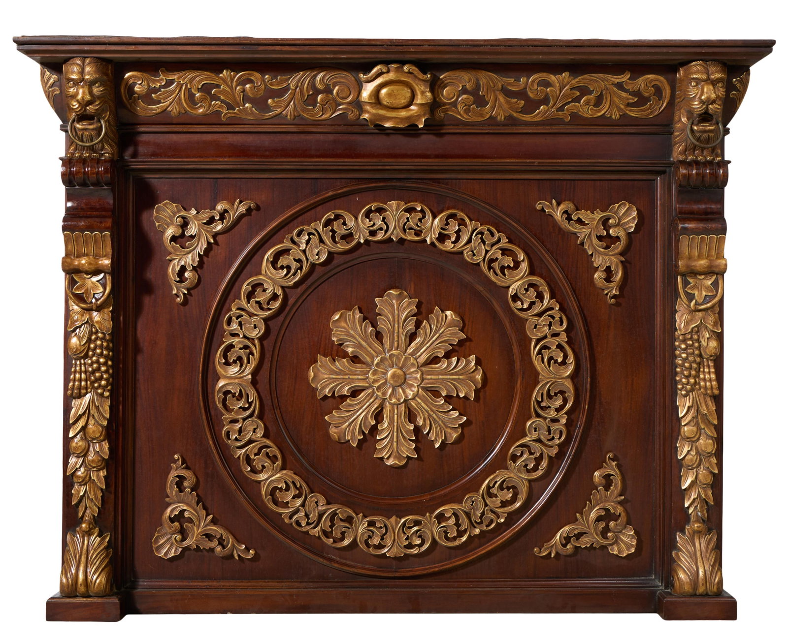 Renaissance Style Carved Giltwood Closed Mantel, late 20th c., H.- 68 in., W.- 88 1/2 in., D.- 10 (1 of 4)