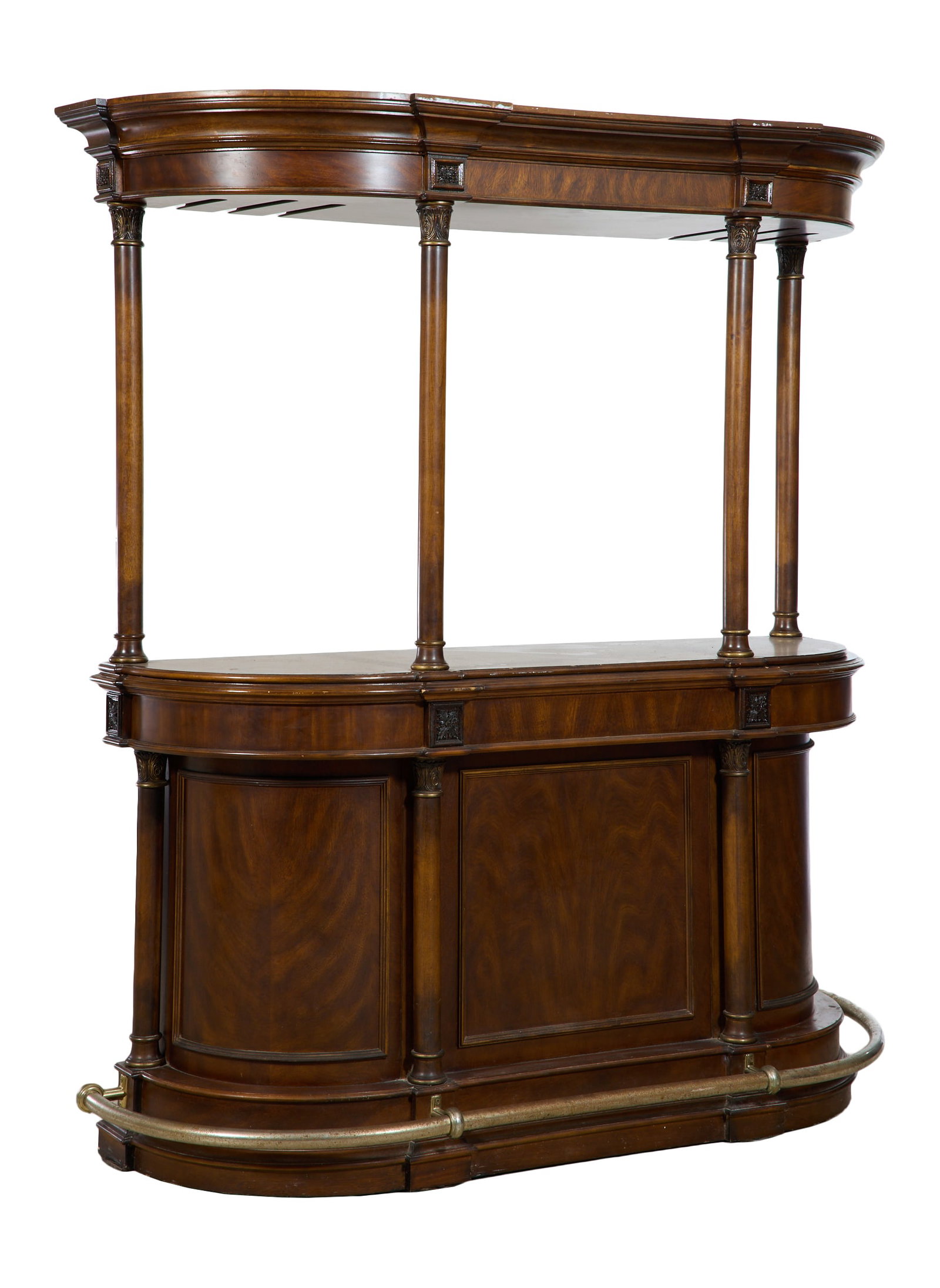 Pulaski Furniture Louis XVI Inspired Walnut Bar, Virginia, late 20th c., Overall- H.- 91 3/4 in.,: Pulaski Furniture Louis XVI Inspired Walnut Bar, Virginia, late 20th c., the moulded 'D' shaped cornice with frieze, integrated stemware rack, columnar supports into base, all resting on 'D' top lower
