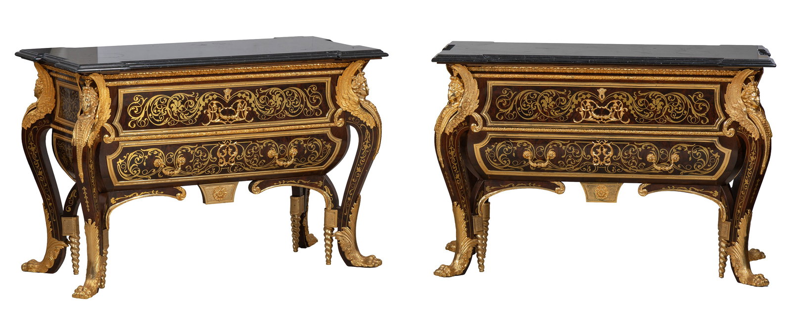 Pair of French Style Ormolu Mounted Marble Top Boule Commodes, late 20th c., Each- H.- 35 in., W.- (1 of 4)