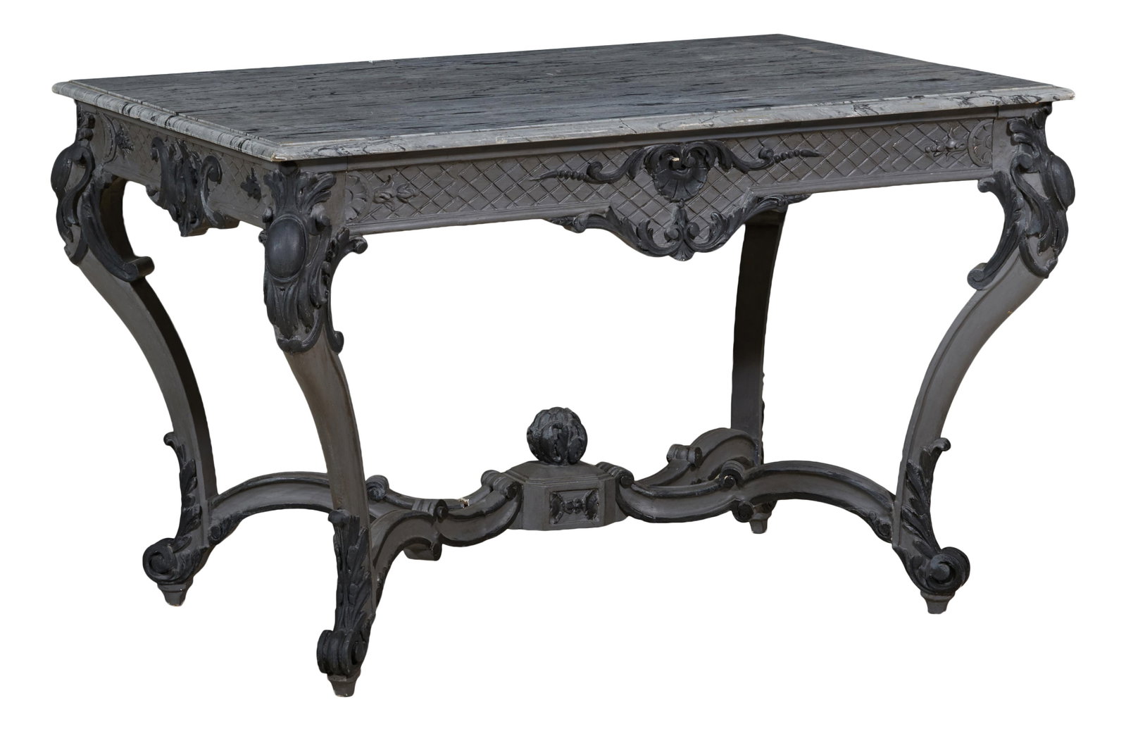 French Louis XV Style Marble Top Gris Peinte Center Table, late 19th c., H.- 29 1/2 in., W.- 47 in., (1 of 6)