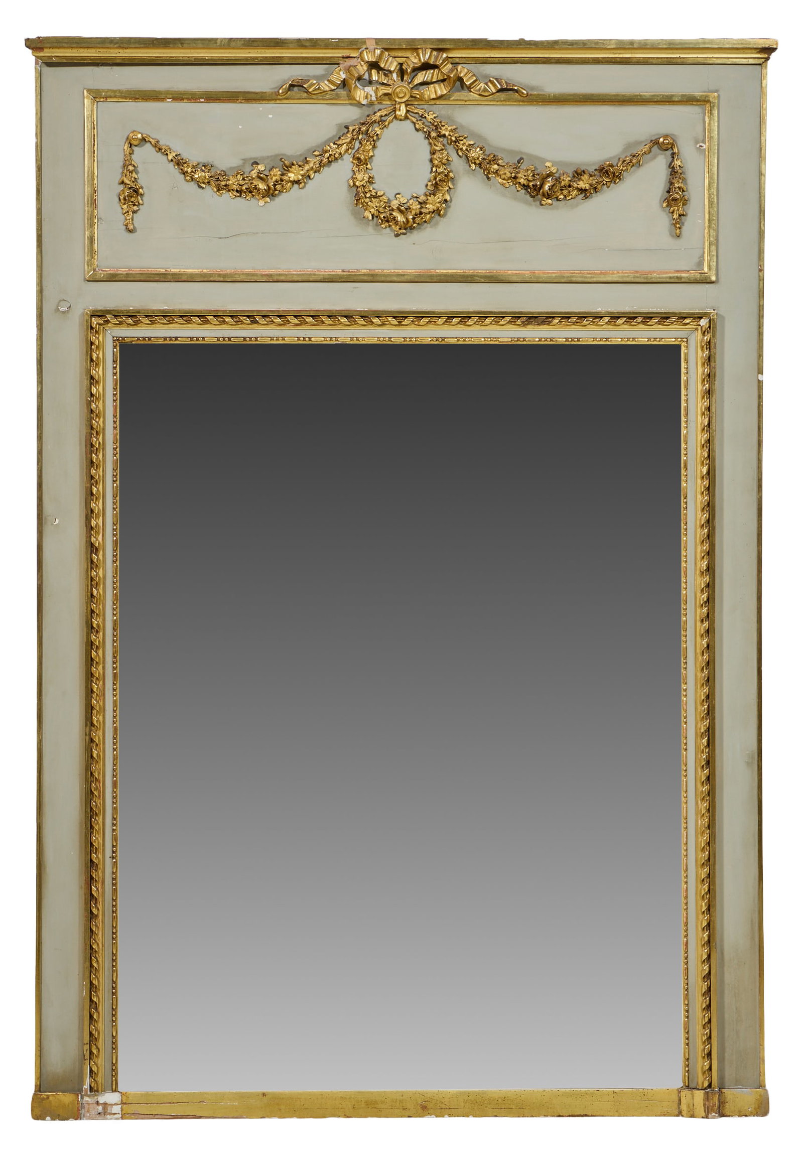 Large Louis XVI Style Gris Peinte Trumeau, mid 19th c., H.- 63 1/4 in., W.- 43 5/8 in. (1 of 2)