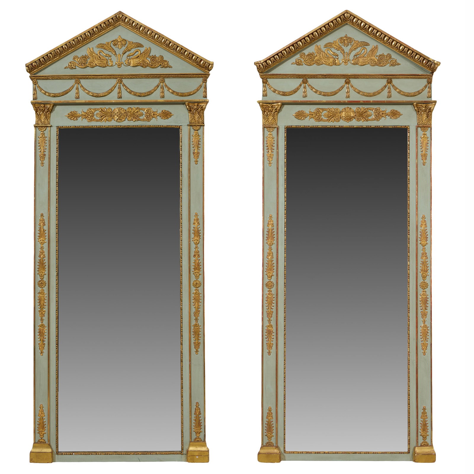 Pair of French Directoire Verte Peinte and Gilt Gesso Pier Mirrors, early/mid 19th c., Each- H.- 55 (1 of 4)