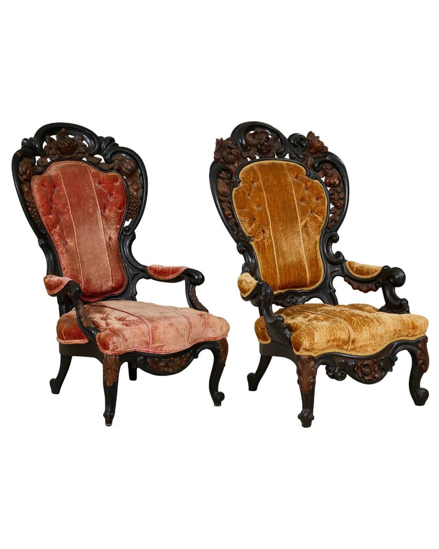 Two American Meeks Style Parlor Arm Chairs, Possibly New York, late 19th c., Red- H.- 48 in., W.- 26 (1 of 5)