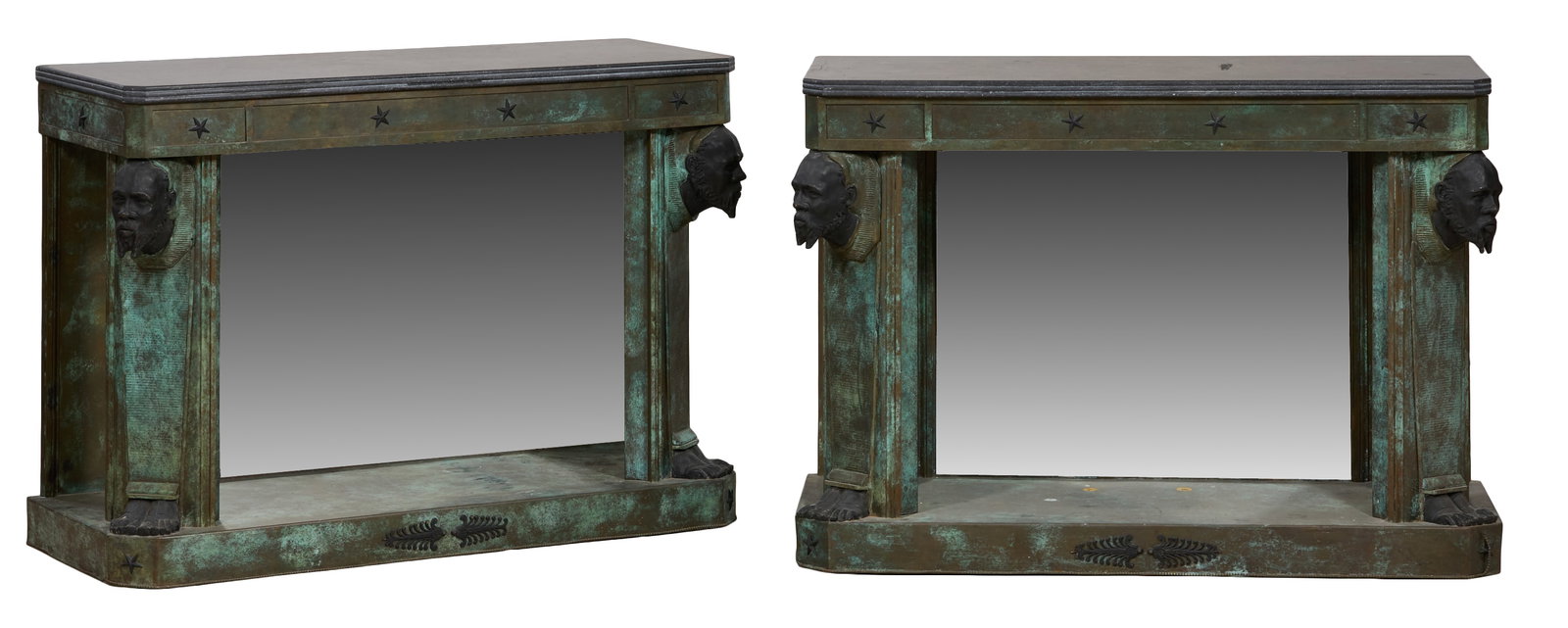 Two Egyptian Revival Style Slate Top Patinated Bronze Pier Tables, mid/late 20th c., Each- H.- 34: Two Egyptian Revival Style Slate Top Patinated Bronze Pier Tables, mid/late 20th c., the triple reeded stone tops with canted corners, star mounted frieze, Nubian bust atlas supports, conforming plint