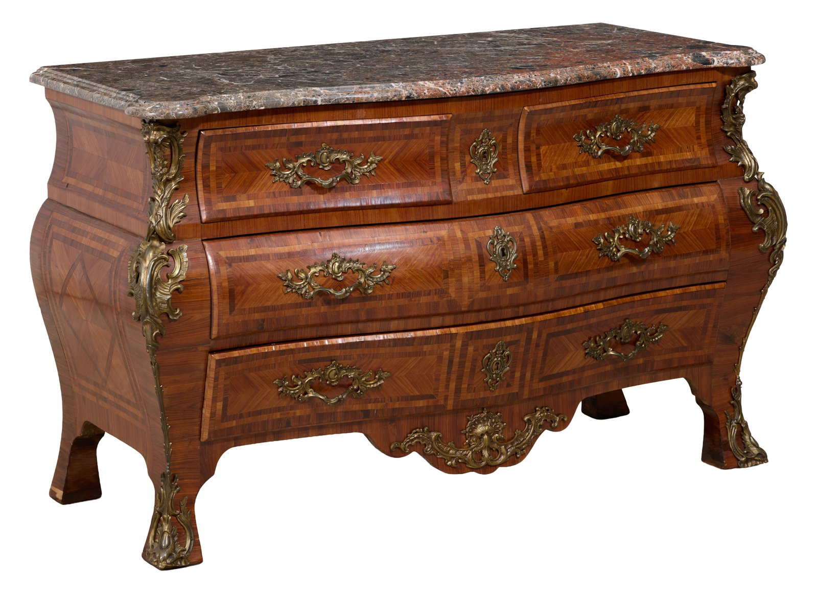 Good French Louis XV Style Ormolu Mounted Marble Top Bombe Commode, early 20th c., H.- 35 in., W.- (1 of 2)
