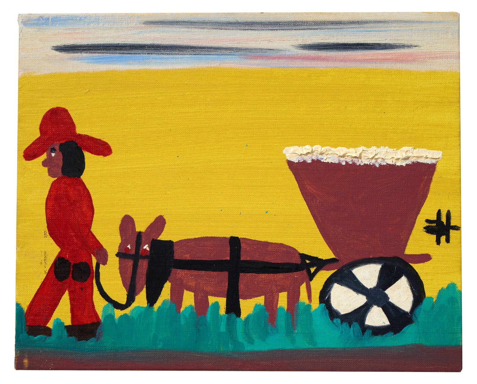 Clementine Hunter (American/Louisiana, 1887-1989), "Donkey Pulling Cart," H.- 8 in., W.- 10 in. (1 of 4)