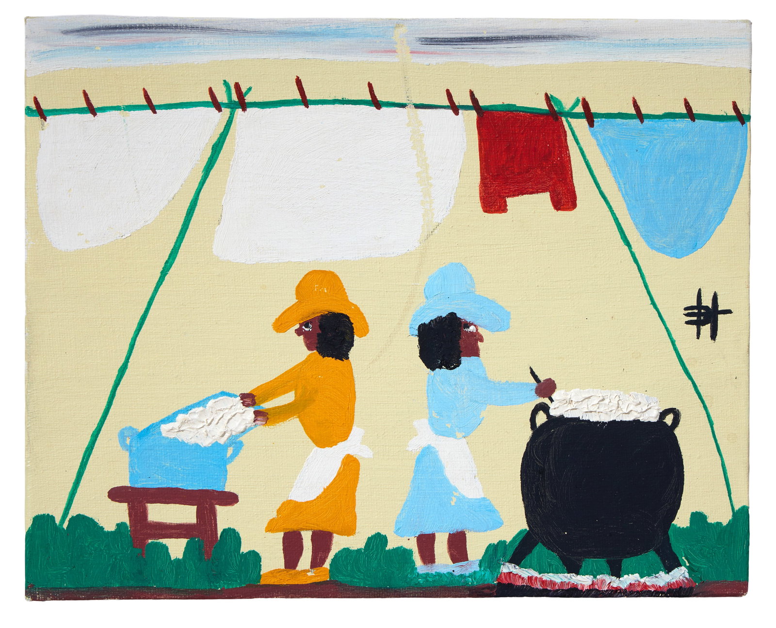 Clementine Hunter (American/Louisiana, 1887-1989), "Wash Day," H.- 8 in., W.- 10 in. (1 of 3)