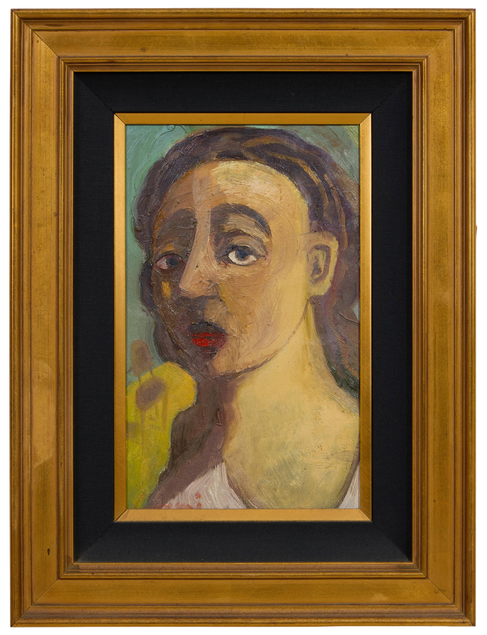 David Harouni (Iranian/New Orleans, b. 1962), "Portrait," Sight- H.- 9 in., W.- 14 in., Framed- H.-: David Harouni (Iranian/New Orleans, b. 1962), "Portrait," oil on canvas, signed lower left, presented in a giltwood frame, Sight- H.- 9 in., W.- 14 in., Framed- H.- 20 in., W.- 15 in.