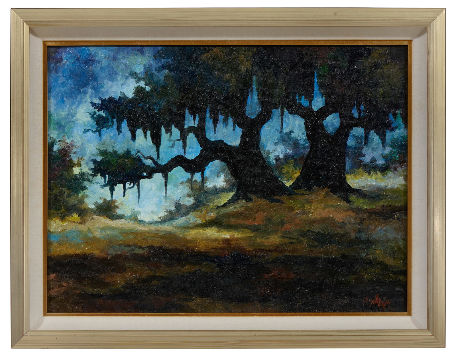 George Rodrigue (American/Louisiana, 1944-2013), "Two Oaks Near the Broussard Farm, Lafayette,": George Rodrigue (American/Louisiana, 1944-2013), "Two Oaks Near the Broussard Farm, Lafayette," 1989, oil on canvas board, signed lower right, titled and dated en verso, presented in an ebonized and g
