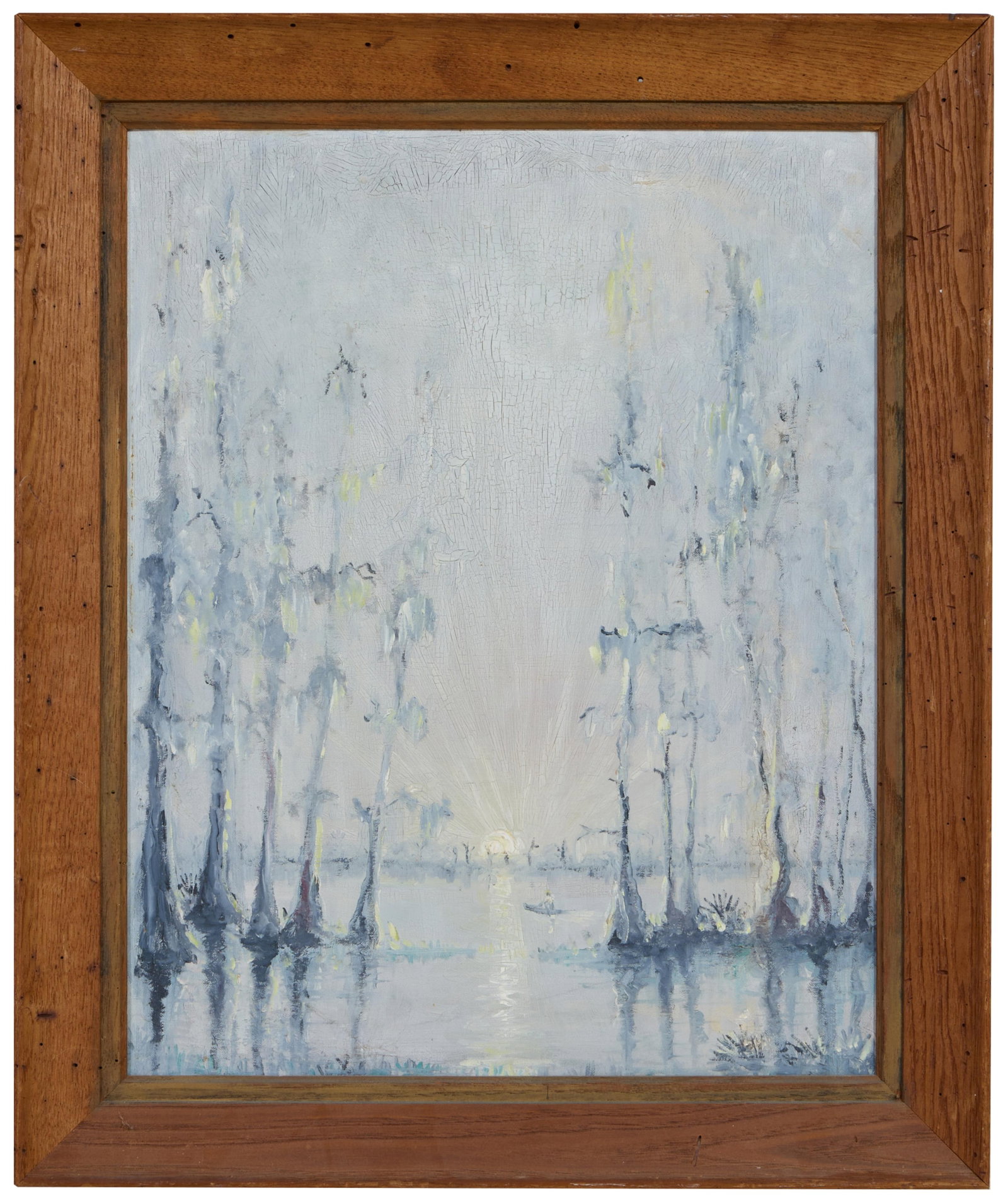 Steele Burden (American/Louisiana, 1900-1952), "Sunrise on Bayou," H.- 19 1/2 in., W.- 15 1/2 in.,: Steele Burden (American/Louisiana, 1900-1952), "Sunrise on Bayou," oil on canvas board, unsigned, presented in a wood frame, H.- 19 1/2 in., W.- 15 1/2 in., Framed- H.- 24 in., W.- 20 in. Provenance: 