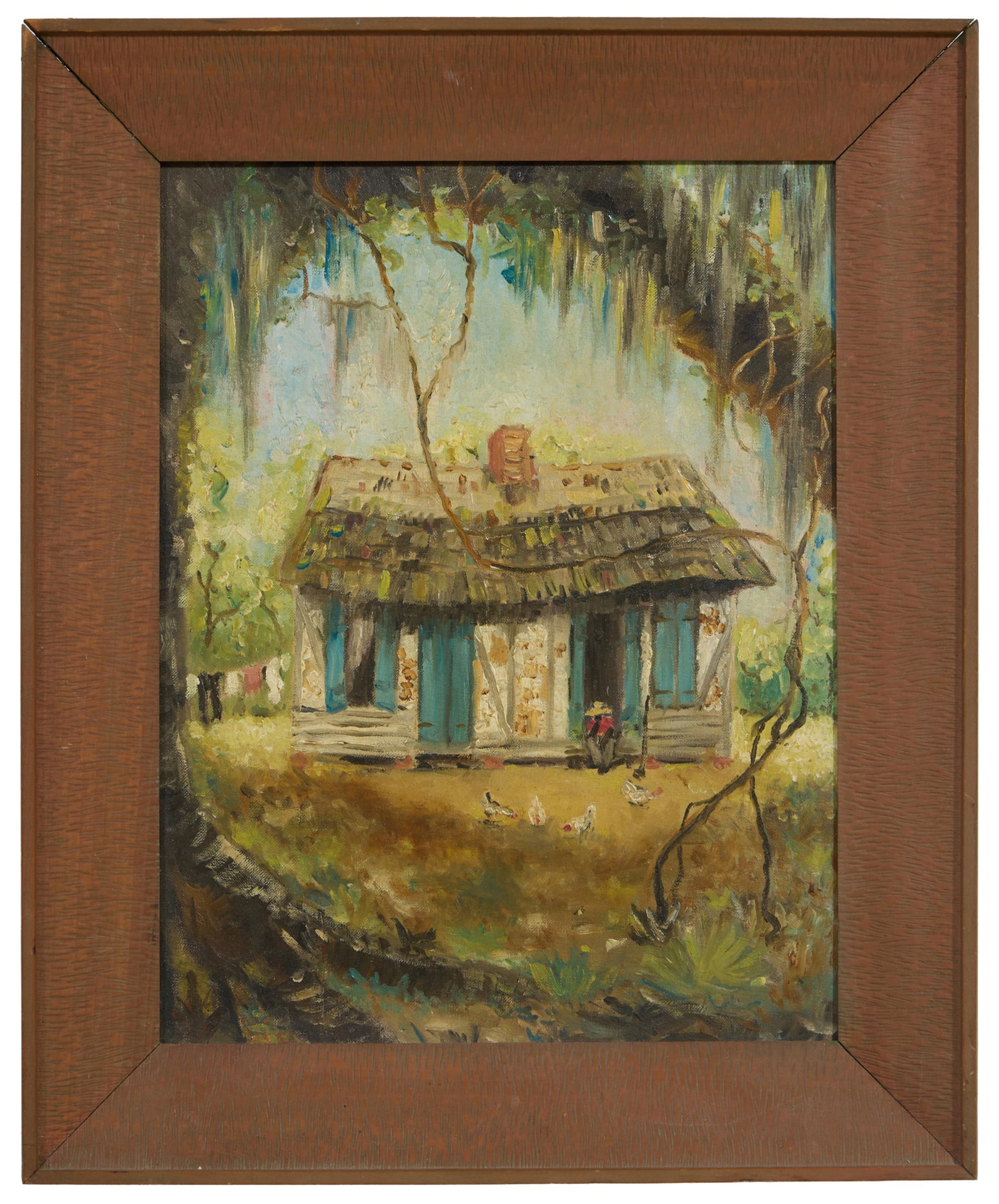Steele Burden (American/Louisiana, 1900-1995), "Cabin Scene, Windrush Plantation," H.- 18 in., W.-: Steele Burden (American/Louisiana, 1900-1995), "Cabin Scene, Windrush Plantation," oil on canvas board, unsigned, presented in a wood frame, H.- 18 in., W.- 14 in., Framed- H.- 22 1/2 in., W.- 18 3/4 