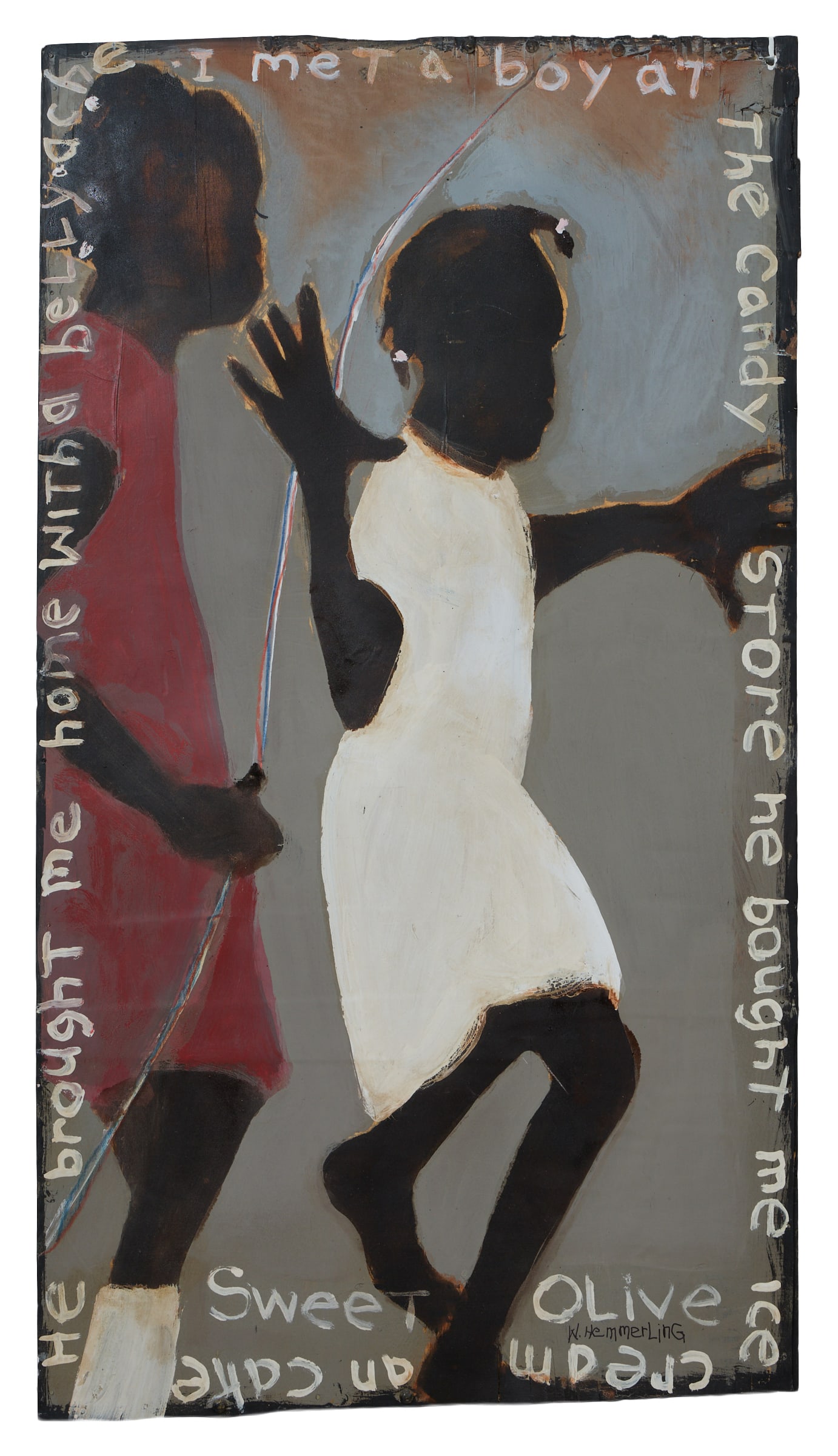 William Hemmerling (American/Louisiana, 1943-2009), "Sweet Olive: Jump Rope," 2007, H.- 43 3/4 in.,: William Hemmerling (American/Louisiana, 1943-2009), "Sweet Olive: Jump Rope," 2007, oil and mixed media on wood panel, signed lower right, titled, signed, dated and inscribed en verso, unframed, H.- 4