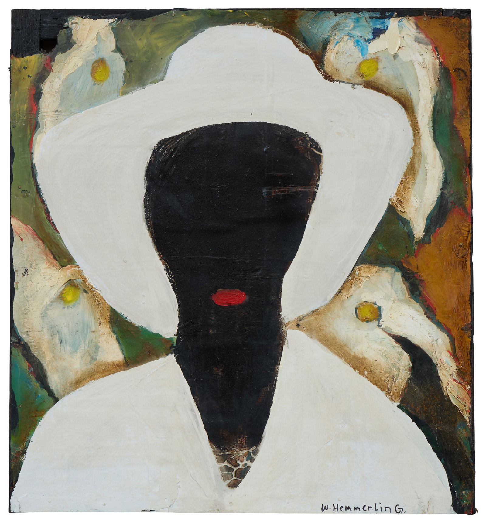 William Hemmerling (American/Louisiana, 1943-2009), "Portrait of Georgia O'Keefe," 2007, H.- 25 1/2: William Hemmerling (American/Louisiana, 1943-2009), "Portrait of Georgia O'Keefe," 2007, mixed media and oil on panel, signed lower right, titled, signed and inscribed en verso with, "This is Sweet Ol