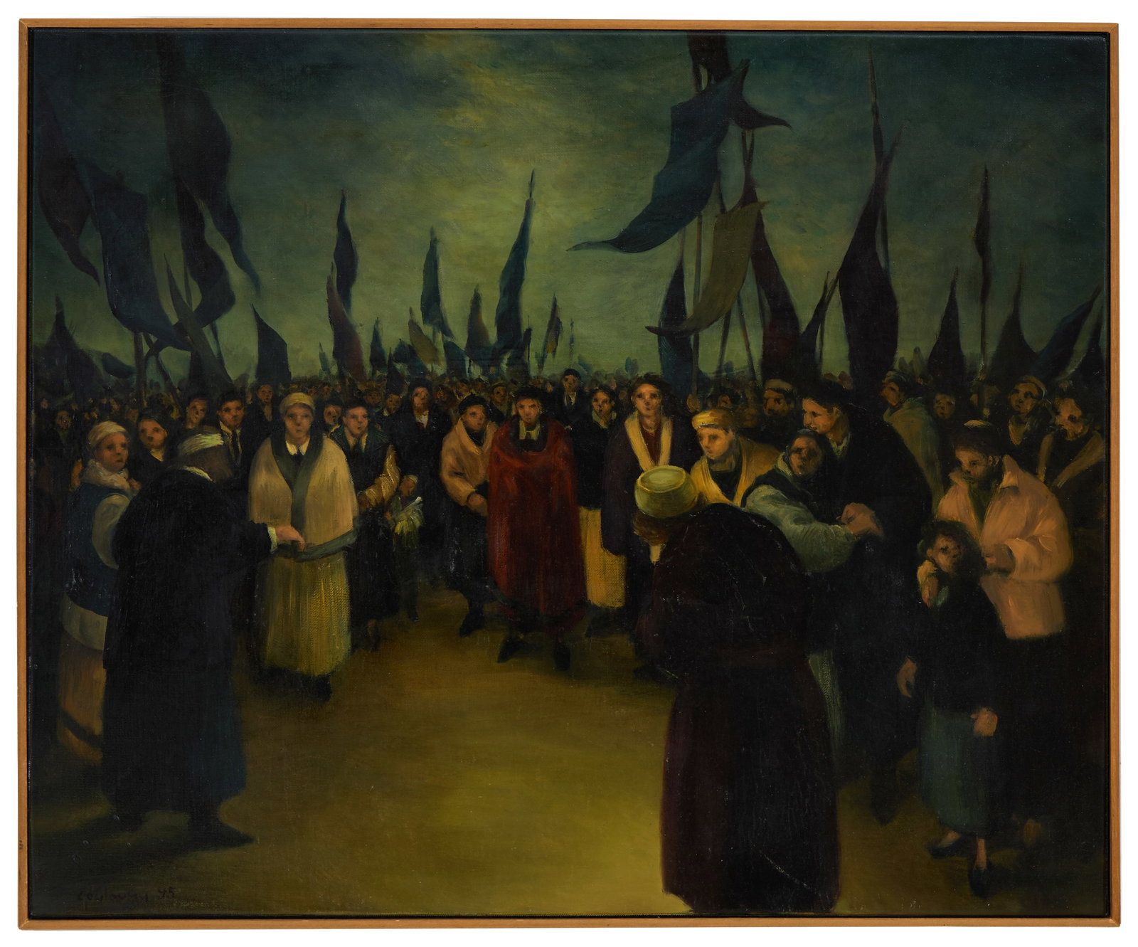 Anne-Francoise Couloumy (French, b. 1961), "Les Drapeaux (The Flags)," 1995, H.- 14 7/8 in., W.- 18: Anne-Francoise Couloumy (French, b. 1961), "Les Drapeaux (The Flags)," 1995, oil on canvas, signed and dated lower left, titled on stretcher, artist stamp on stretcher, presented in a thin wood frame,