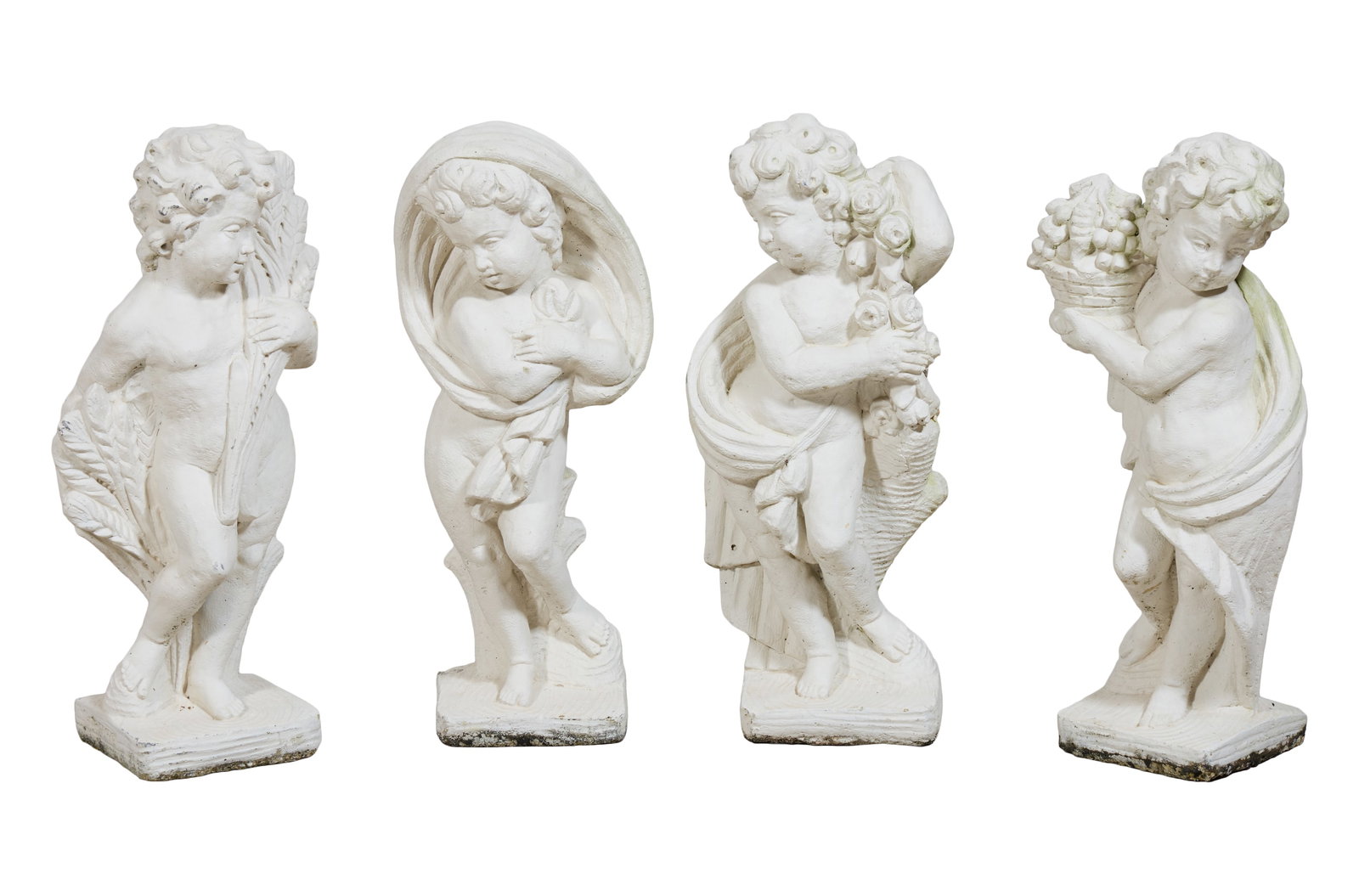 Four Seasons Cast Stone Garden Figures, 20th c., Each- H.- 28 in., W.- 12 in., D.- 8 in. (4 Pcs.) (1 of 1)