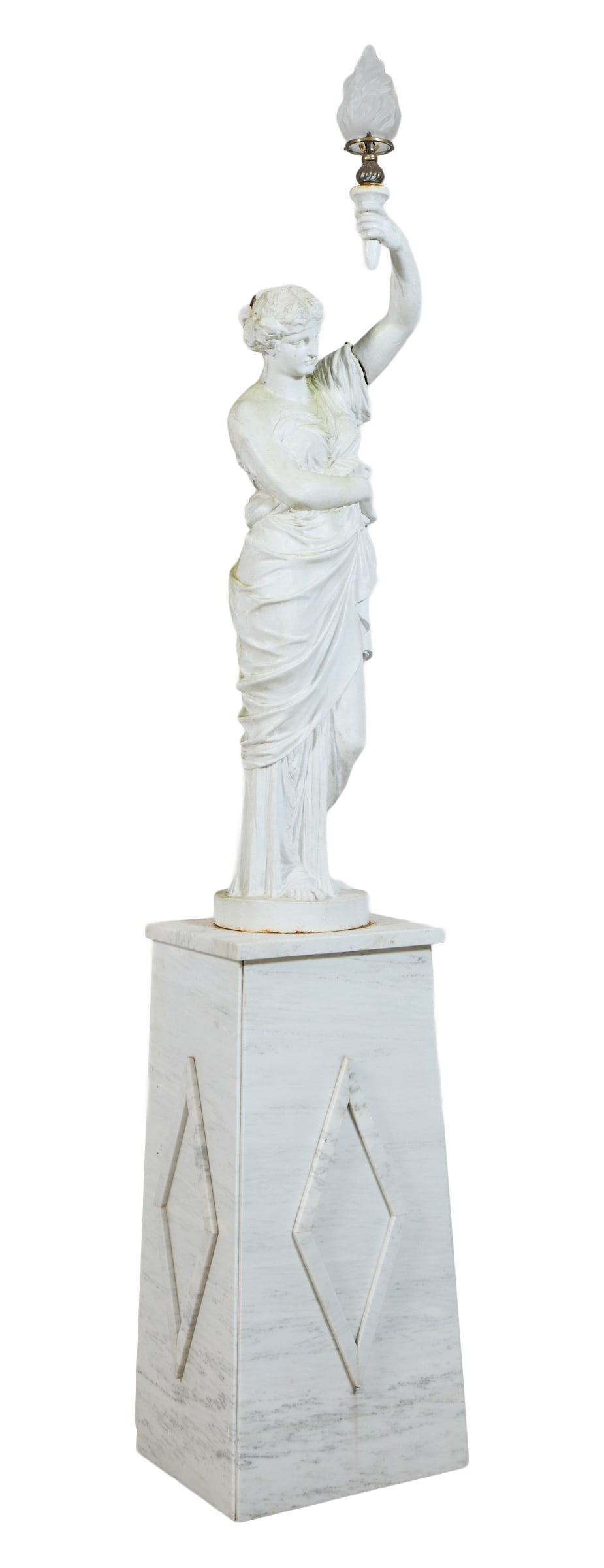 Cast Iron Classical Maiden Torchiere Lamp Post on Custom Marble Plinth, 20th c., Base- H.- 41 3/8 (1 of 2)