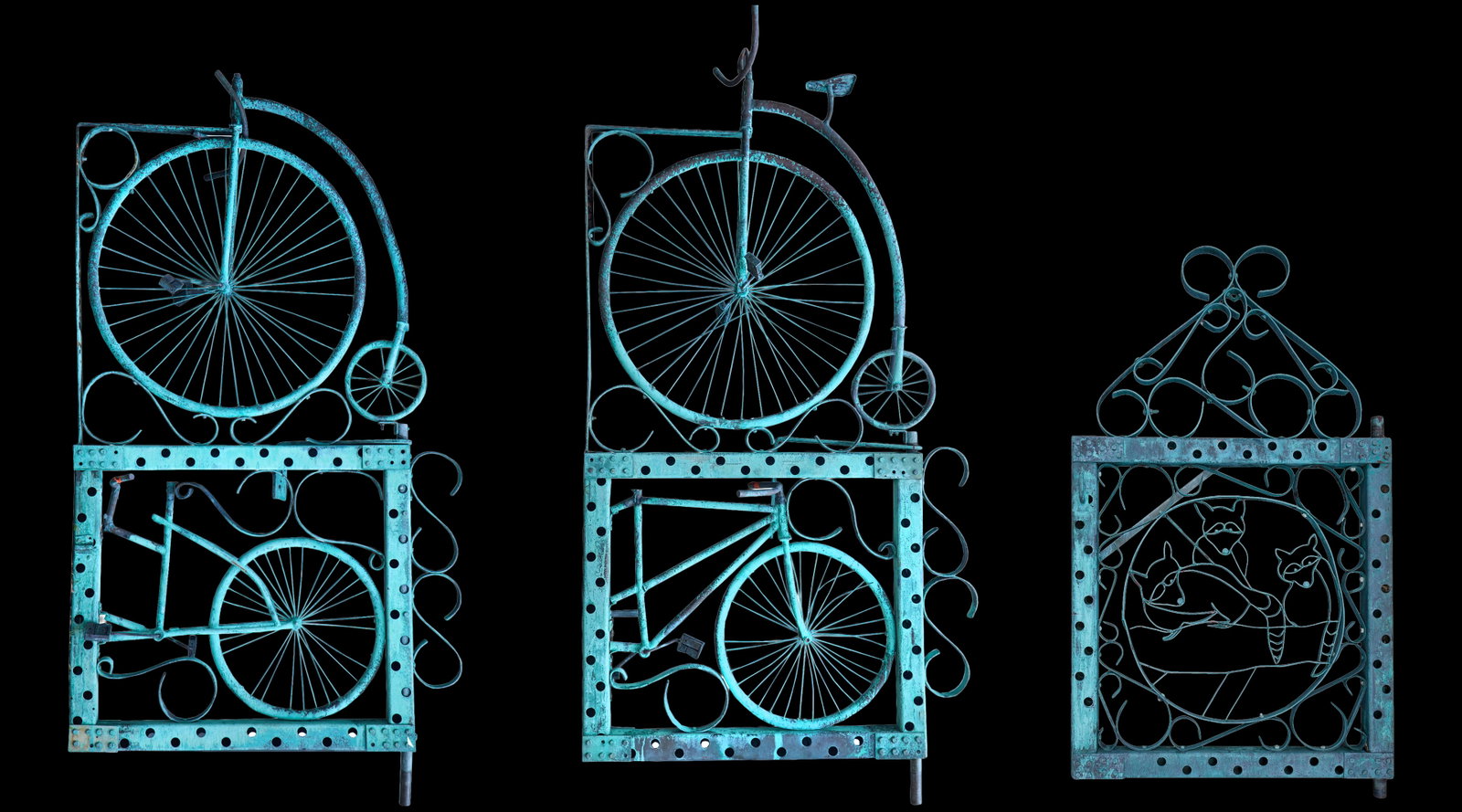 American Steampunk Style Pennyfarthing Polychromed Metal Gates, late 20th c., One Side Approx.- H.- (1 of 5)