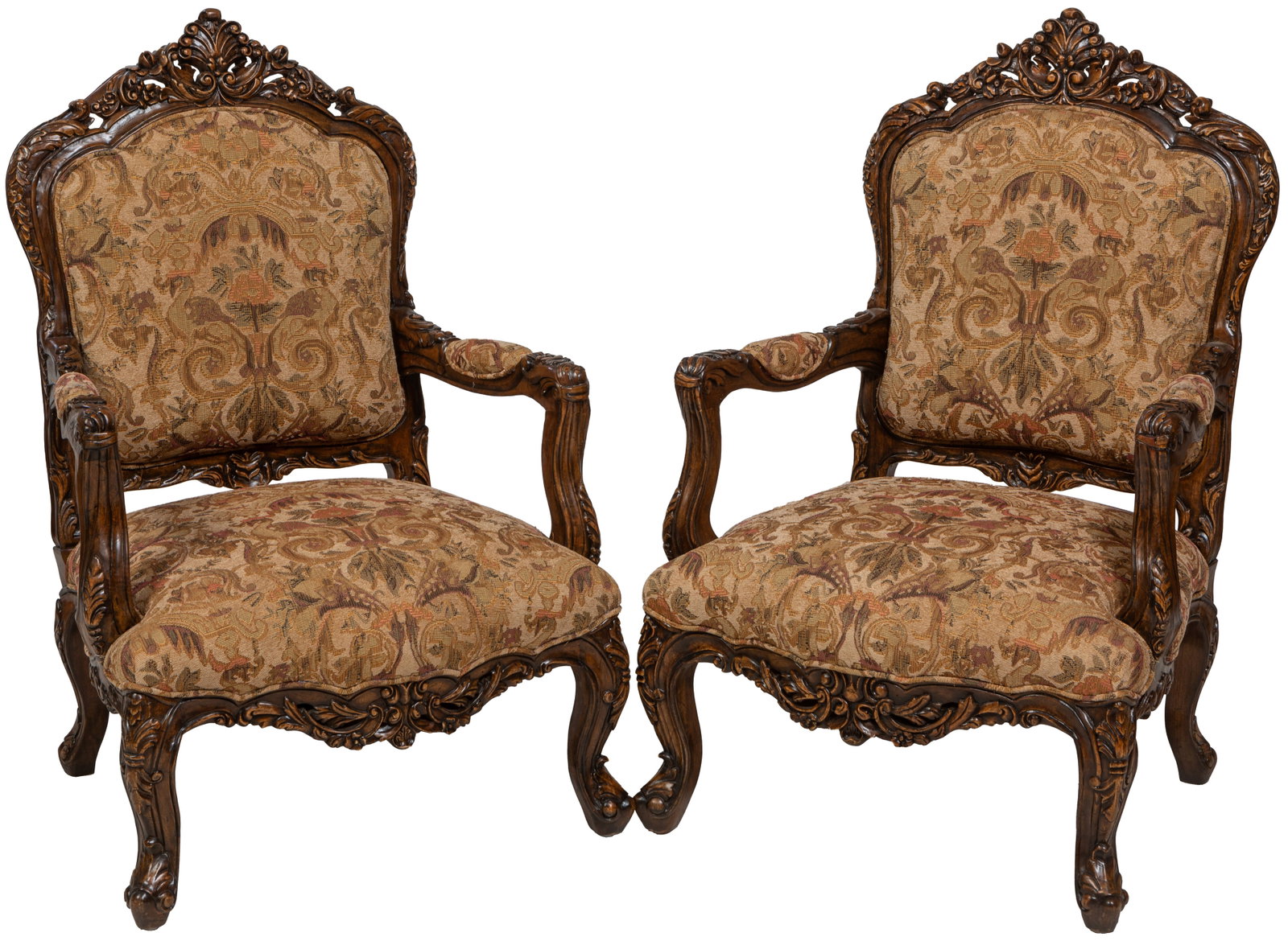 Pair of Oversized Louis XV Style Carved Mahogany Fauteuils, 20th/21st c., Each- H.- 48 in., W.- 31 (1 of 2)
