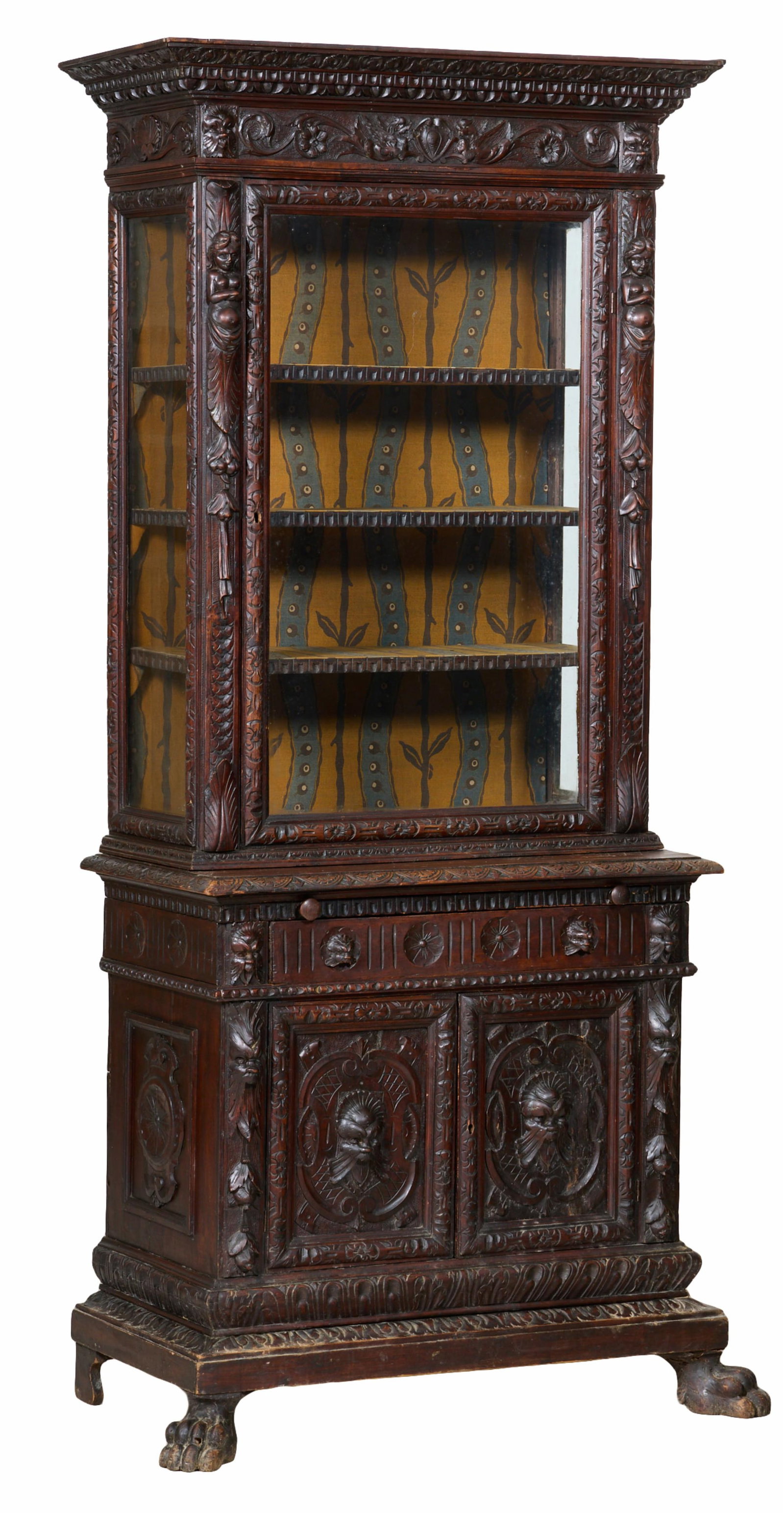 French Henri II Style Carved Walnut Buffet a Deux Corps Curio Cabinet, late 19th c., H.- 83 in., W.- (1 of 2)
