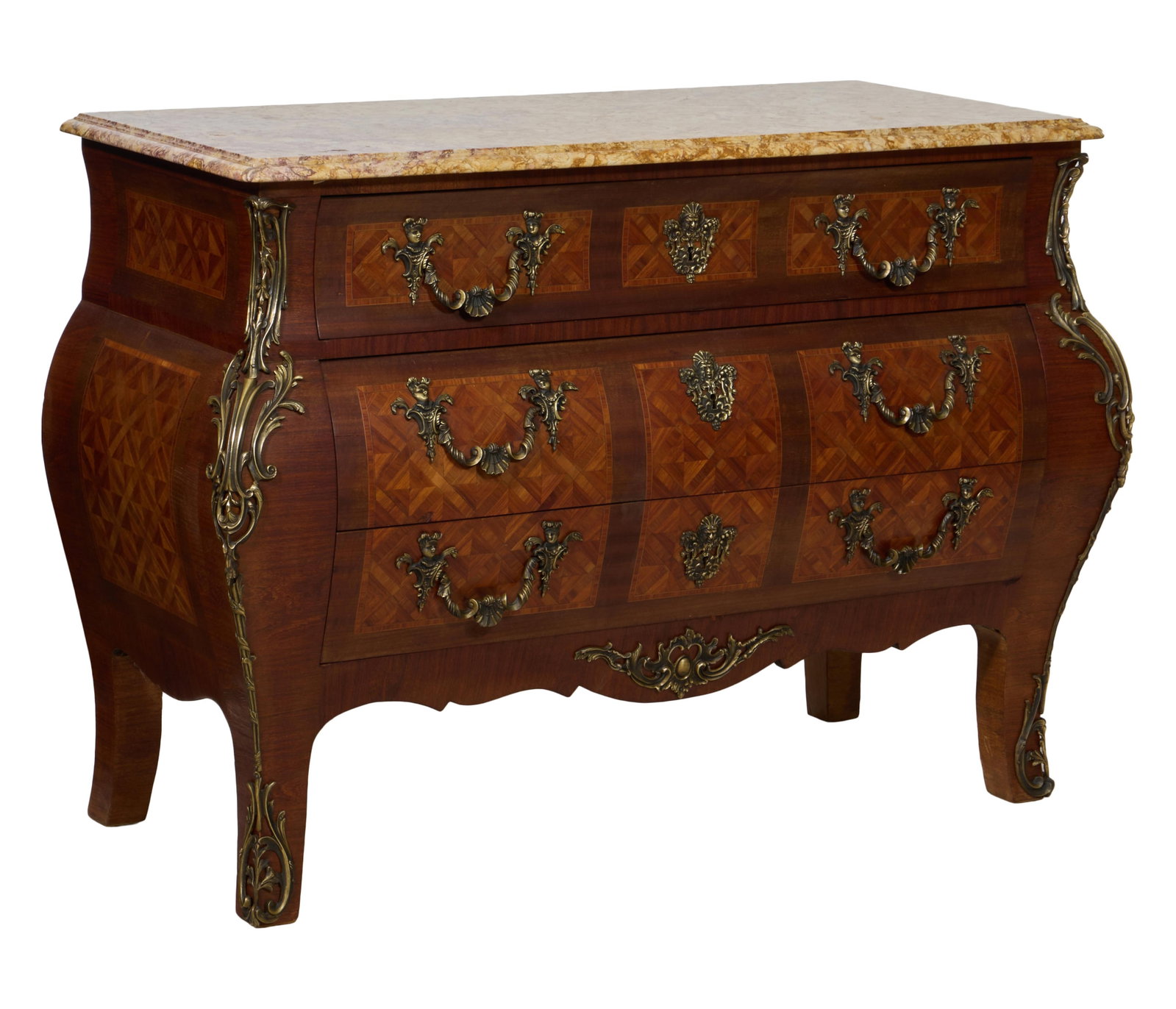French Louis XV Style Marble Top Ormolu Mounted Parquetry Bombe Commode, 20th c., H.- 34 1/2 in., (1 of 5)