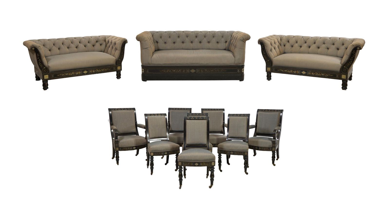 Eleven Piece French Louis Philipe Style Bone and Brass Inlaid Ebonized Seating Group, 20th c., Sofa- (1 of 18)
