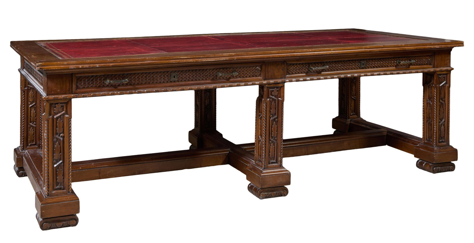 Large French Renaissance Revival Leather Top Library Table, early 20th c., H.- 31 1/2 in., W.- 98: Large French Renaissance Revival Leather Top Library Table, early 20th c., the tooled inset red leather top over two long lattice drawers, keyed leaf carved legs with rope twist edges, stretchered blo