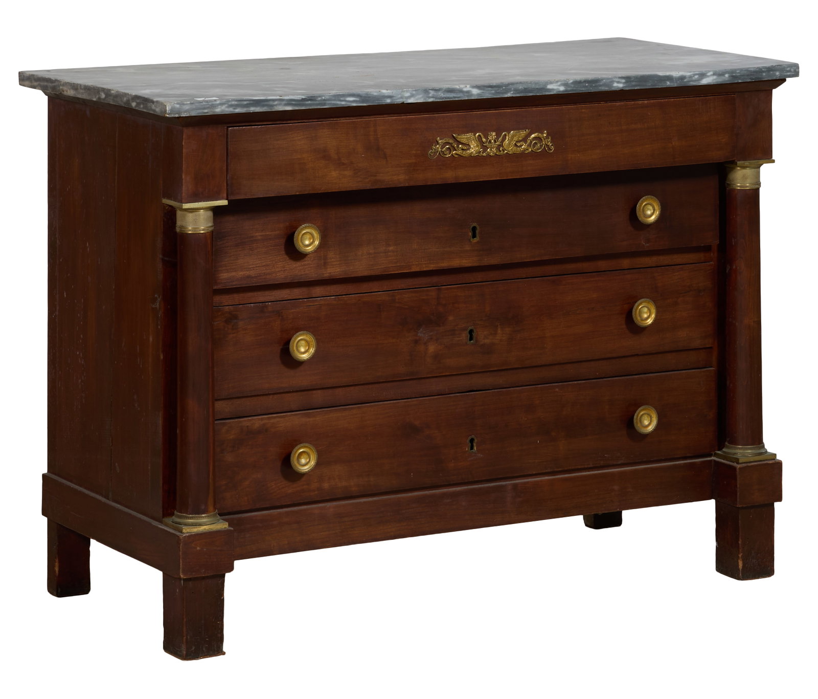 French Empire MarbleTop Walnut Commode, early 19th c., H.- 36 in., W.- 49 in., D.- 24 in.: French Empire MarbleTop Walnut Commode, early 19th c., the rectangular gris marble top over mounted frieze drawer, flanked by projected columnar stiles, three drawers, tall block feet, H.- 36 in., W.-