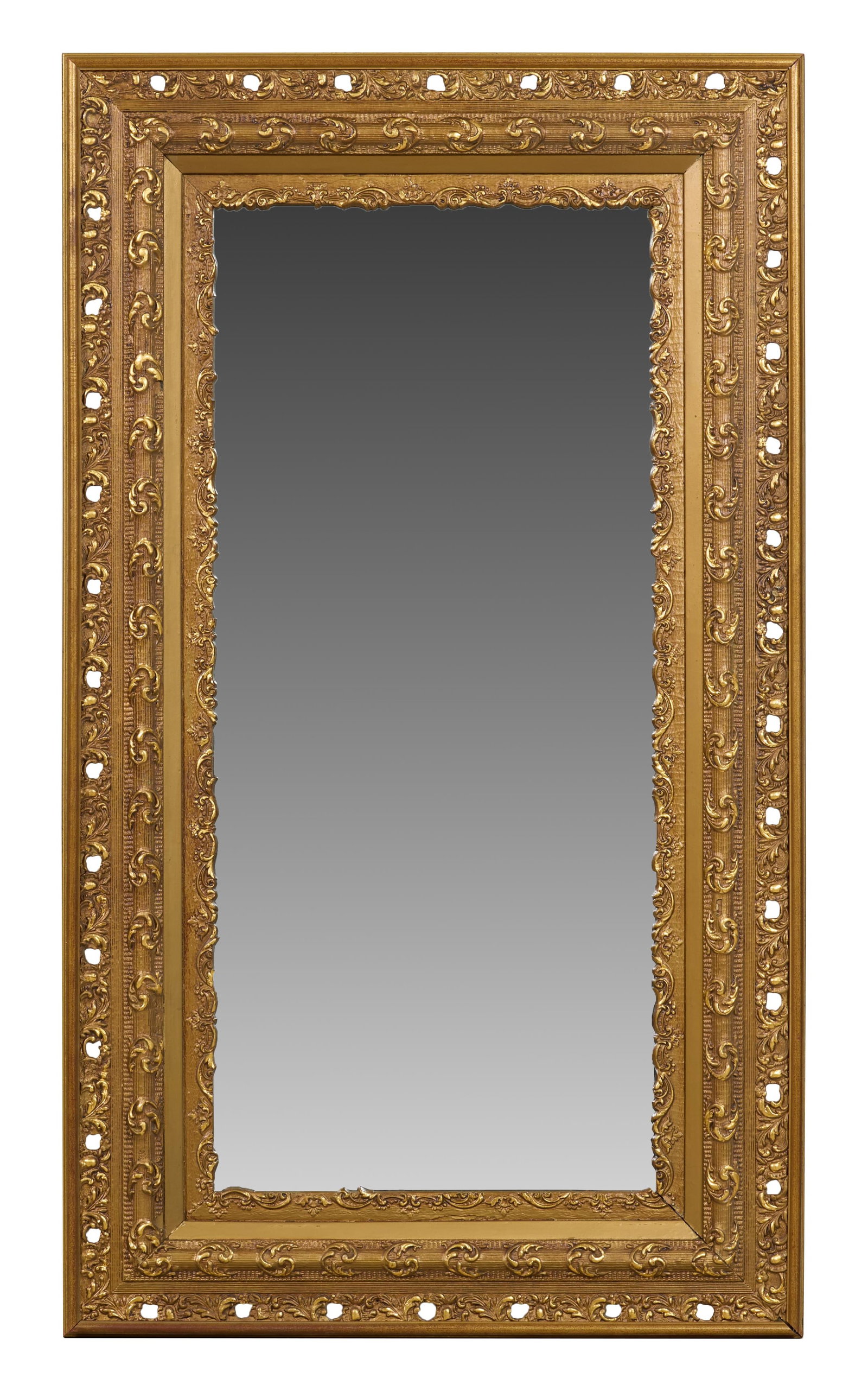 American Gilt Overmantel Mirror, late 19th c., H.- 52 in., W.- 30 in.: American Gilt Overmantel Mirror, late 19th c., the moulded pierced outer surround, rocaille bolection mid liner, rocaille inner liner, aged mirror plate, H.- 52 in., W.- 30 in. Provenance: By repute, 