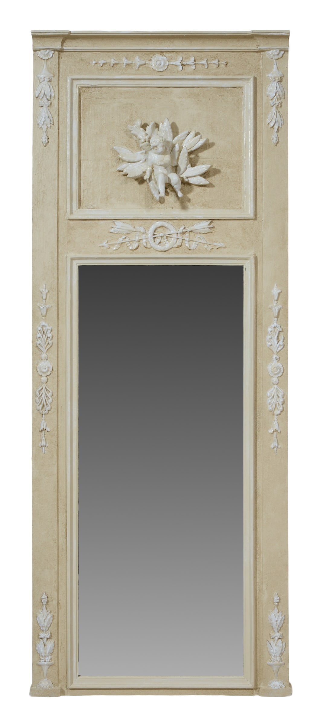 French Louis XVI Style Creme Peinte Putti Trumeau, 19th c., H.- 62 1/2 in., W.- 24 3/4 in., D.- 3 (1 of 2)