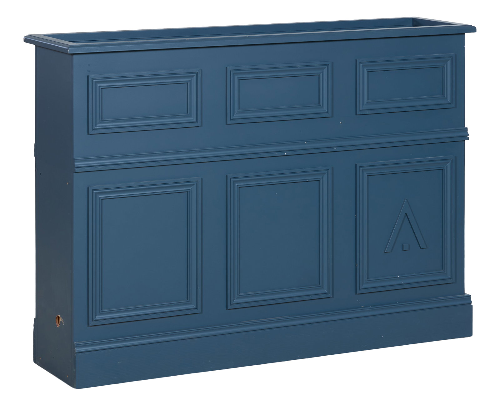 French Blue Jardiniere Room Divider, late 20th c., H.- 43 7/8 in., W.- 61 1/2 in., D.- 15 7/8 in.: French Blue Jardiniere Room Divider, late 20th c., the moulded top with inset planter box, paneled on three sides, plinth base, H.- 43 7/8 in., W.- 61 1/2 in., D.- 15 7/8 in.