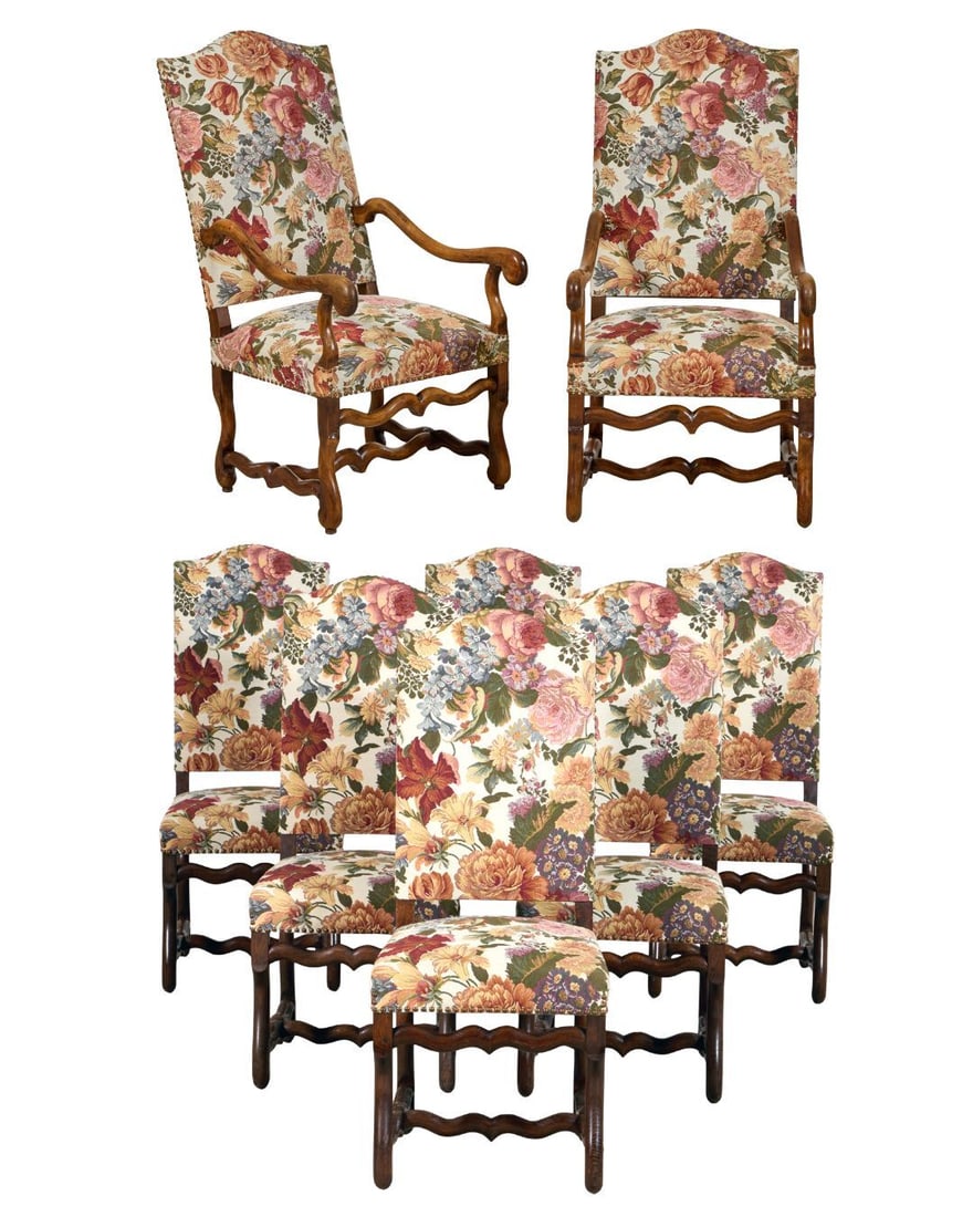 Eight French Louis XIII Style Os de Mouton Chairs, mid 20th c., Arm- H.- 48 in., W.- 24 in., D.- 26 (1 of 3)