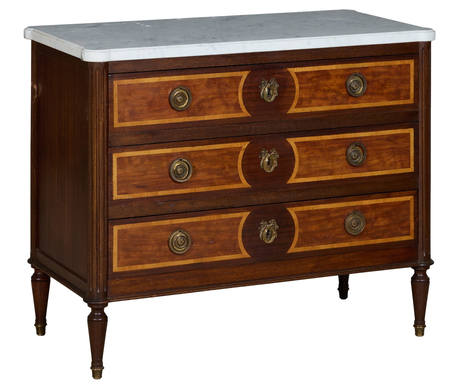 French Louis XVI Style Marble Top Inlaid Walnut Commode, mid 20th c., H.- 33 3/4 in., W.- 41 in., (1 of 2)