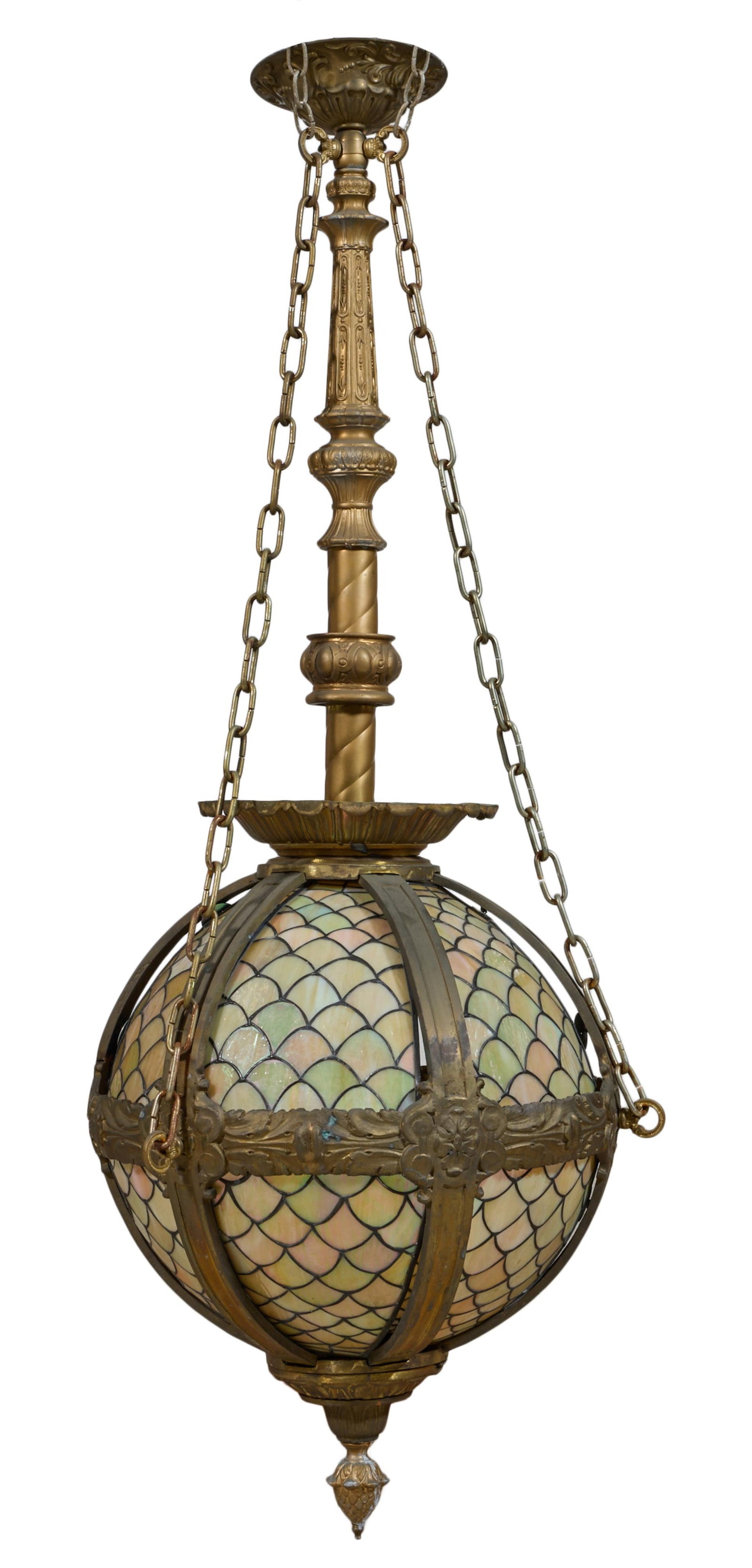 French Belle Epoque Style Stained Glass and Brass Hanging Lantern, 20th c., H.- 60 in., Dia.- 24 in. (1 of 1)