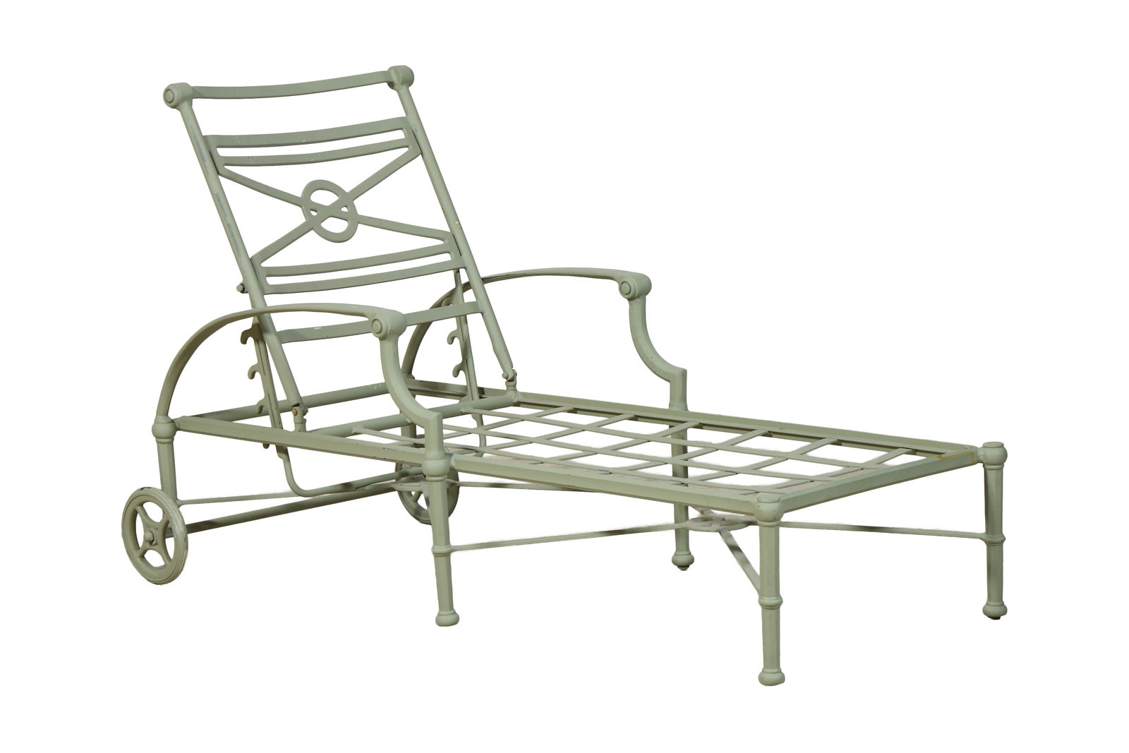 Neoclassical Style Aluminum Chaise Lounge, 21st c., Upright- H.- 37 1/2 in., W.- 66 in., D.- 31: Neoclassical Style Aluminum Chaise Lounge, 21st c., the adjustable back over arched arms, crossbar supports, stretchered legs, casters, Upright- H.- 37 1/2 in., W.- 66 in., D.- 31 1/2in. Provenance: C