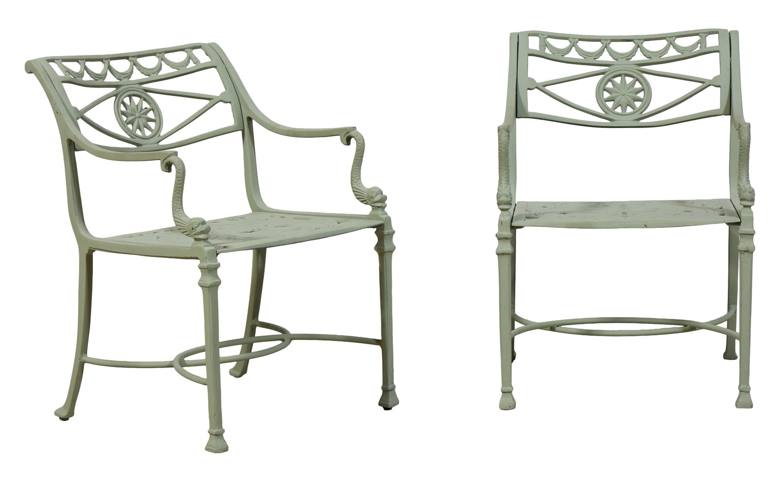 Pair of Vert Peinte Aluminum Dauphin Arm Chairs, 21st c., Each- H.- 30 1/2 in., W.- 22 in., D.- 22: Pair of Vert Peinte Aluminum Dauphin Arm Chairs, 21st c., the shaped pierced backs with swags over star rondelle in diamond, dauphin form arm supports, pierced scrolled seats, elliptical stretchered l