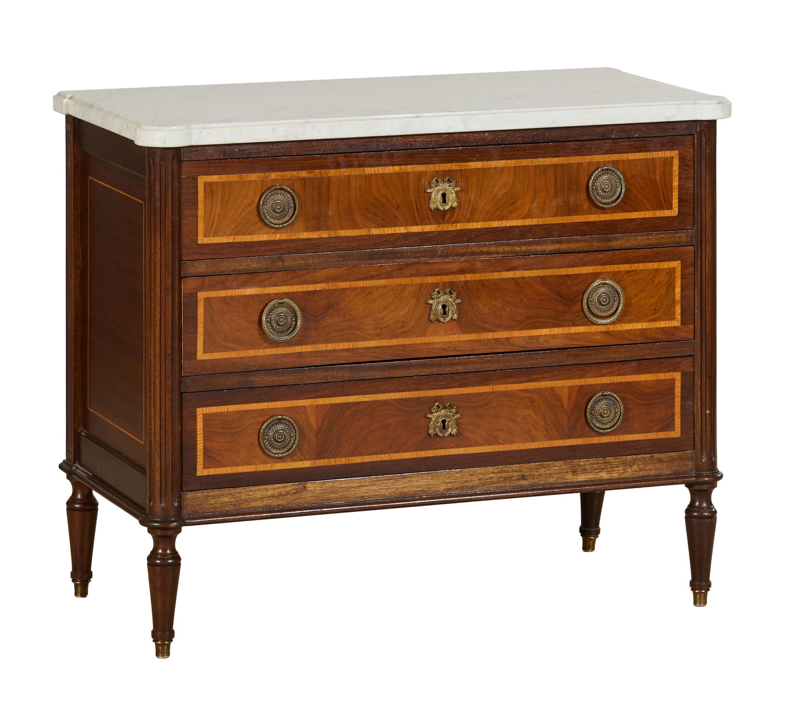 French Louis XVI Style Marble Top Inlaid Walnut Commode, mid 20th c., H.- 31 5/8 in., W.- 38 1/2 (1 of 2)