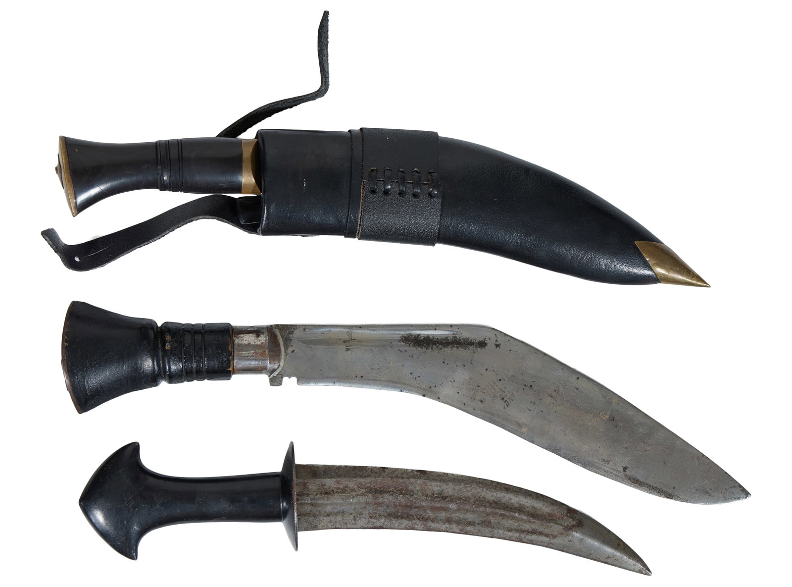 Three Fighting Knives, 20th c., Longest- H.- 18 in., W.- 8 in., D.- 1 1/2 in. (3 Pcs.) (1 of 5)
