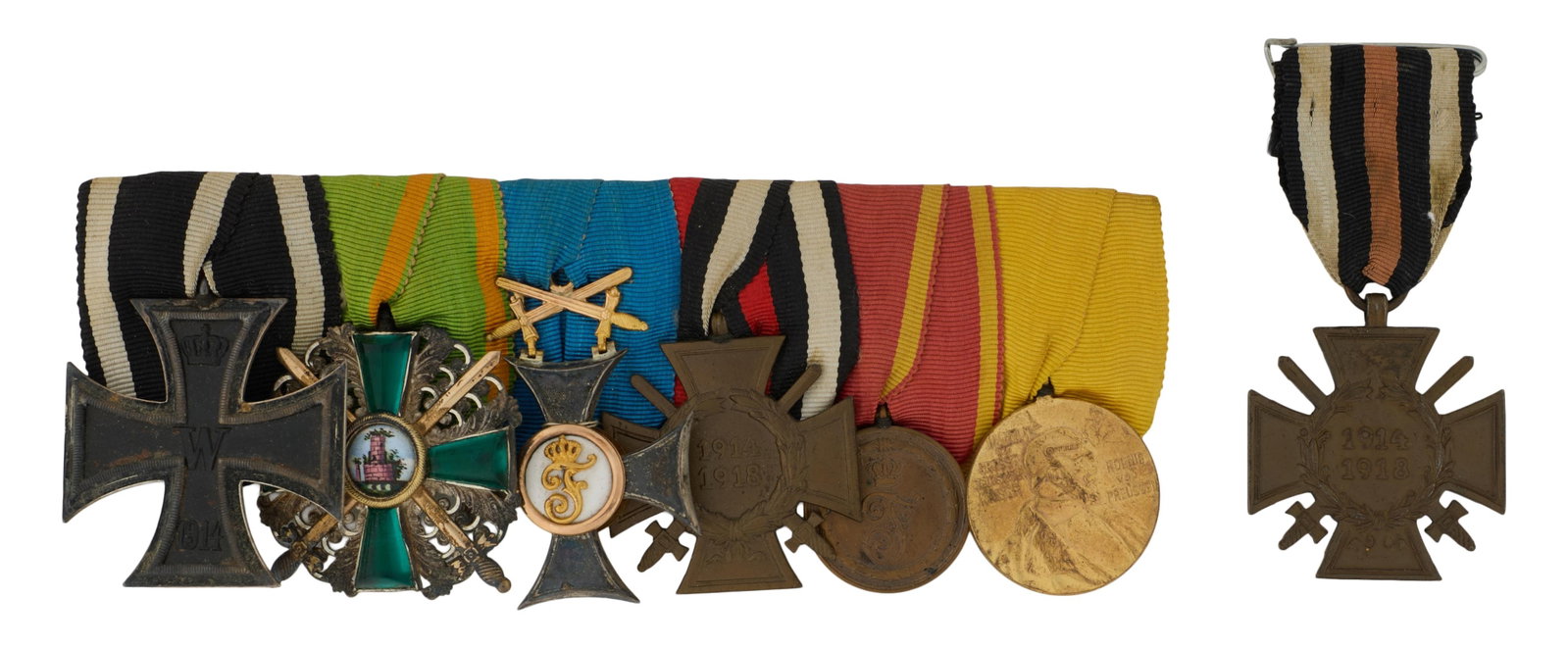 Group of Seven Rare German WWI Service Medals, c. 1918, Cross- H.- 1 1/2 in., W.- 1 5/8 in. (7 Pcs.): Group of Seven Rare German WWI Service Medals, c. 1918, five iron crosses and two circular examples, each with original presentation ribbons, consisting of: German WWI service Hindenburg Cross, 1935, 
