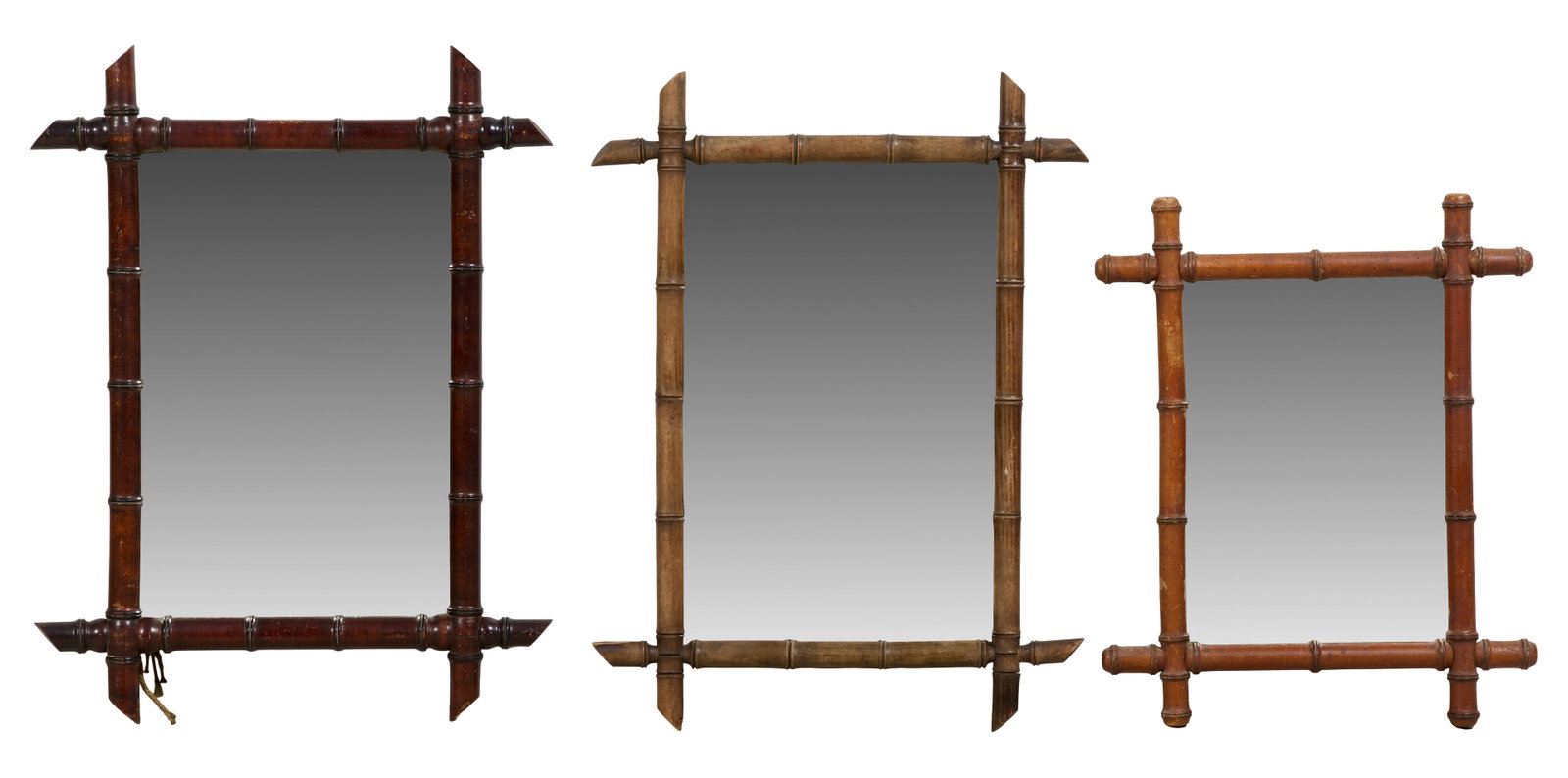 Three English Walnut Faux Bamboo Mirrors, late 19th c., Largest- H.- 29 1/4 in., W.- 22 1/4 in.; (1 of 4)