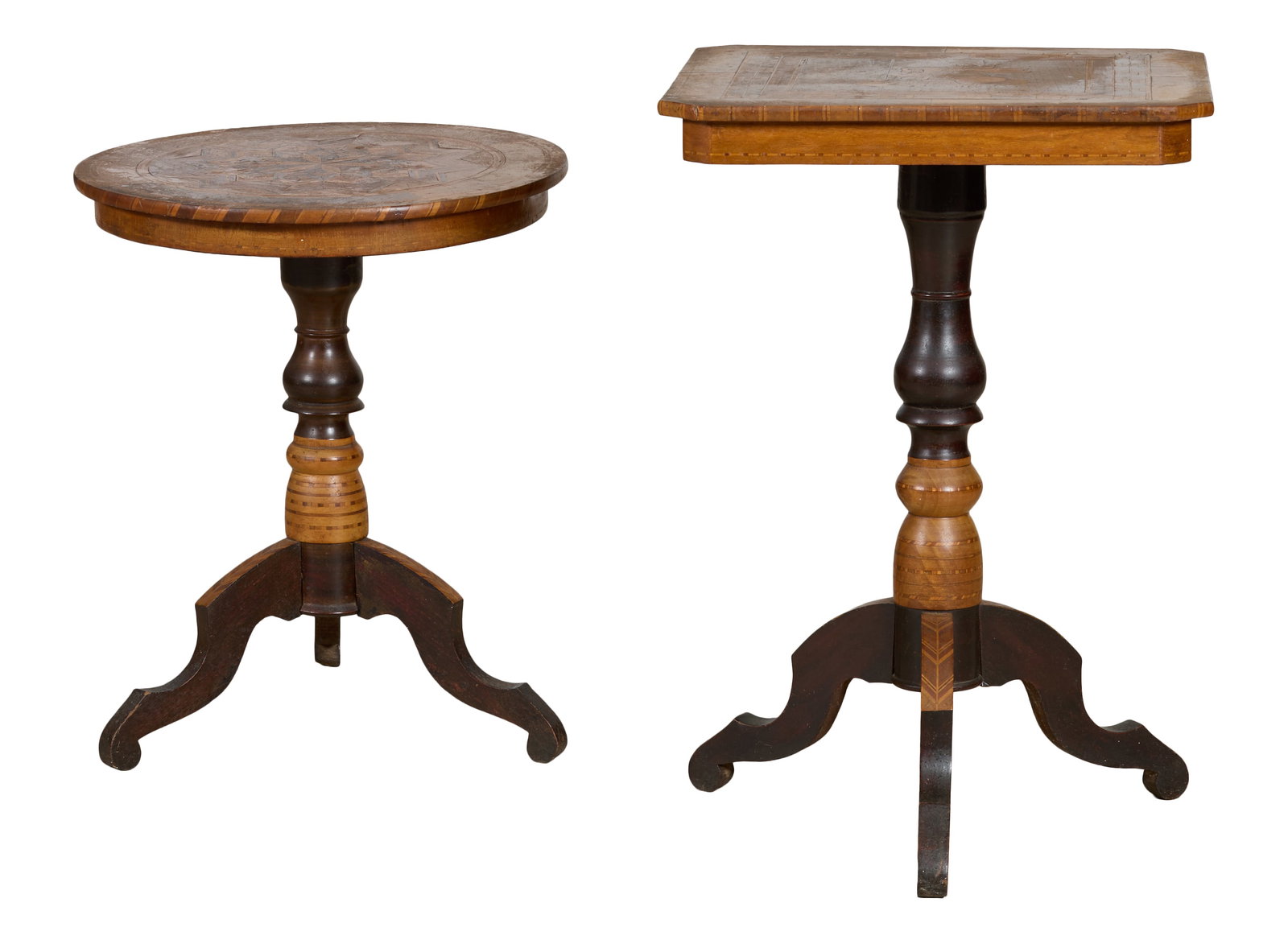 Two Italian Ebonized Parquetry Marquetry Side Tables, early 20th c., Round- H.- 23 3/8 in., Dia.- 19 (1 of 2)